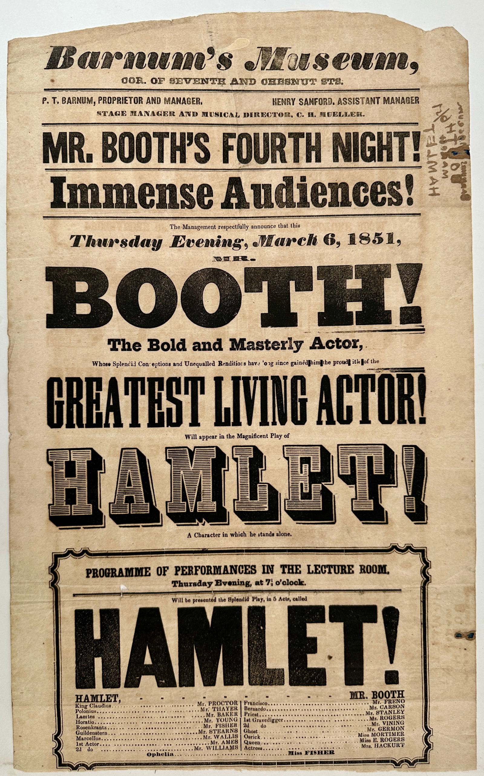 1851 BARNUM'S MUSEUM BROADSIDE: BARNUM'S MUSEUM, MARCH 6, 1851, FEATURING BOOTH - THE BOLD AND MASTERLY ACTOR APPEARING IN THE PLAY HAMLET. TONING, WRITING ON VERSO. 9.5"X16"