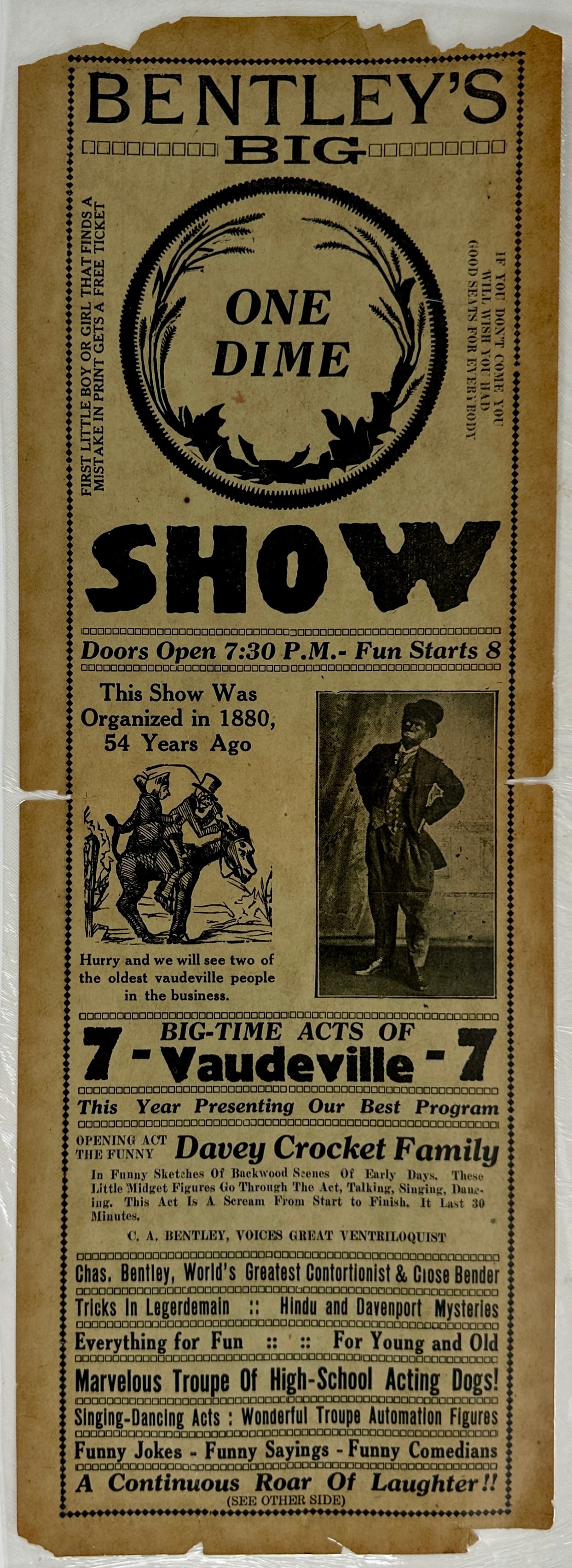 BENTLEY'S BIG ONE DIME SHOW BROADSIDE: VAUDEVILLE HERALD, TWO SIDED, LAMINATED. 6"X17"