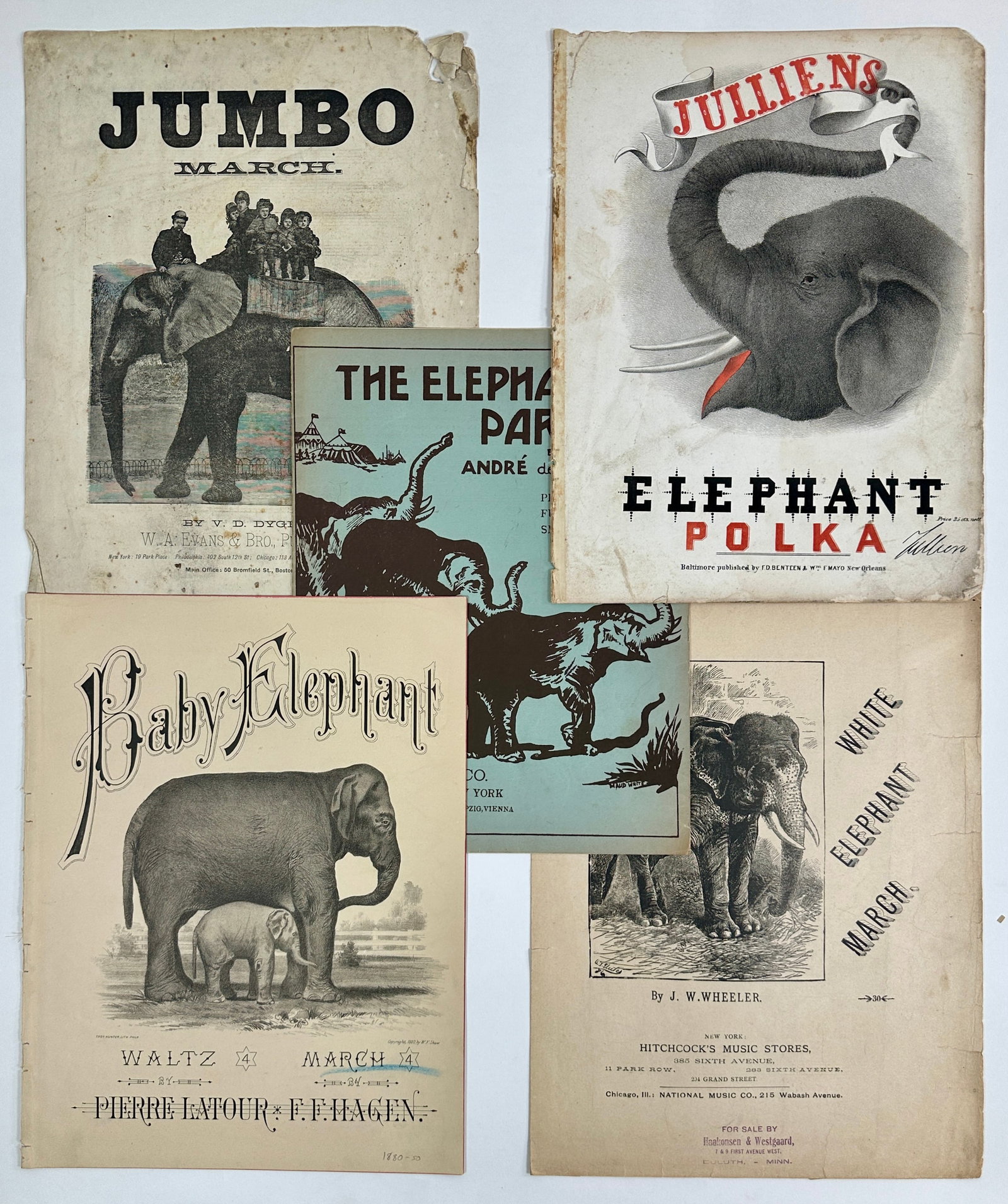 ANTIQUE SONGSTERS AND SHEET MUSIC - CIRCUS: WHITE ELEPHANT MARCH (WHEELER), BABY ELEPHANT (LATOUR-HAGEN), JUMBO MARCH (DYGERT), ELEPHANT'S PARADE (BASQUE), ELEPHANT POLKA (JULLIENS)