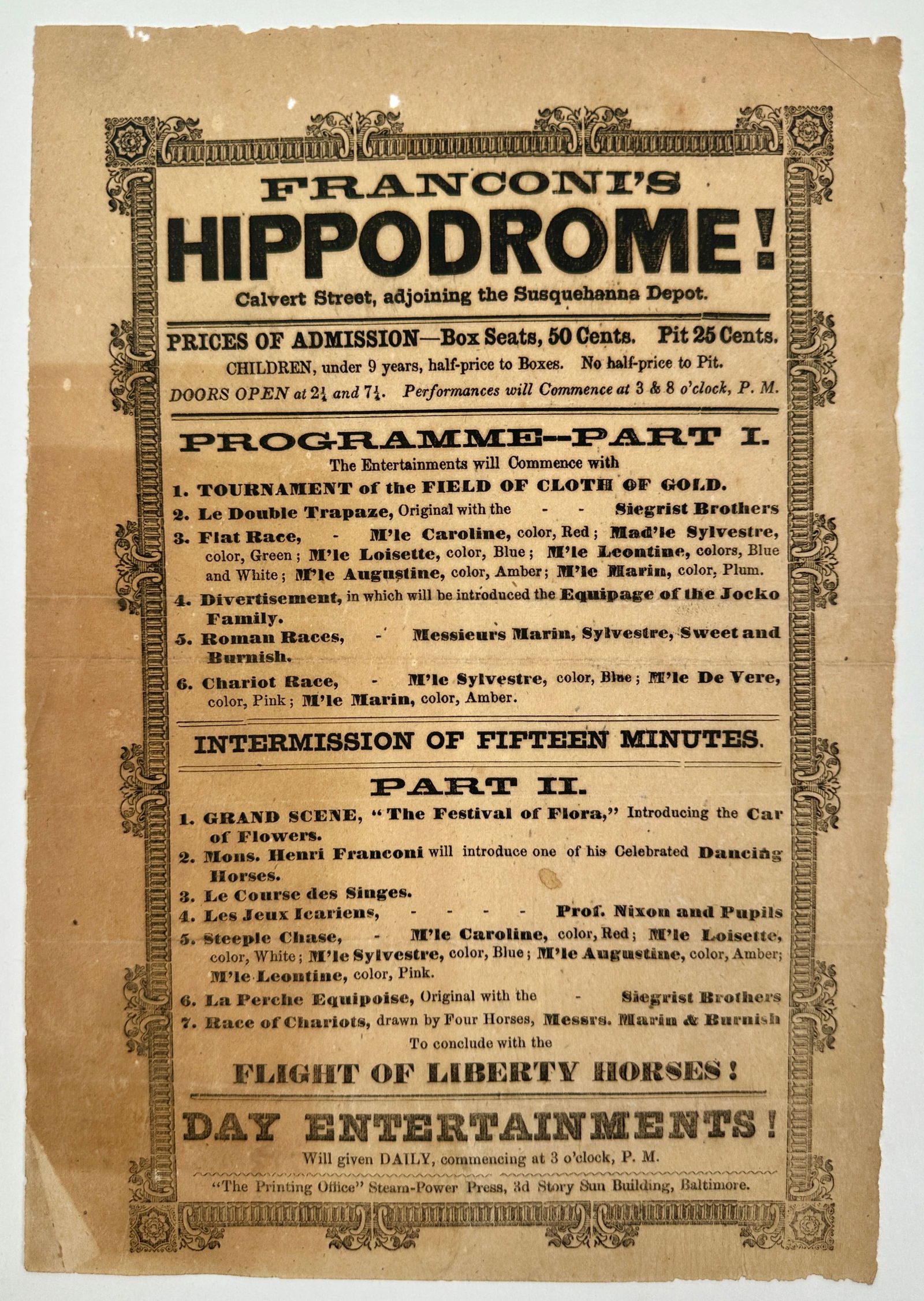 1853 FRANCONI'S HIPPODROME HANDBILL: FRANCONI'S HIPPODROME HANDBILL WITH PROGRAMME. PROPRIETORS: AVERY SMITH, RICHARD SANDS, G.C. QUICK, SETH B. HOWES. FRANCONI'S 1853-4. UNMOUNTED, TONING. 6"X9"