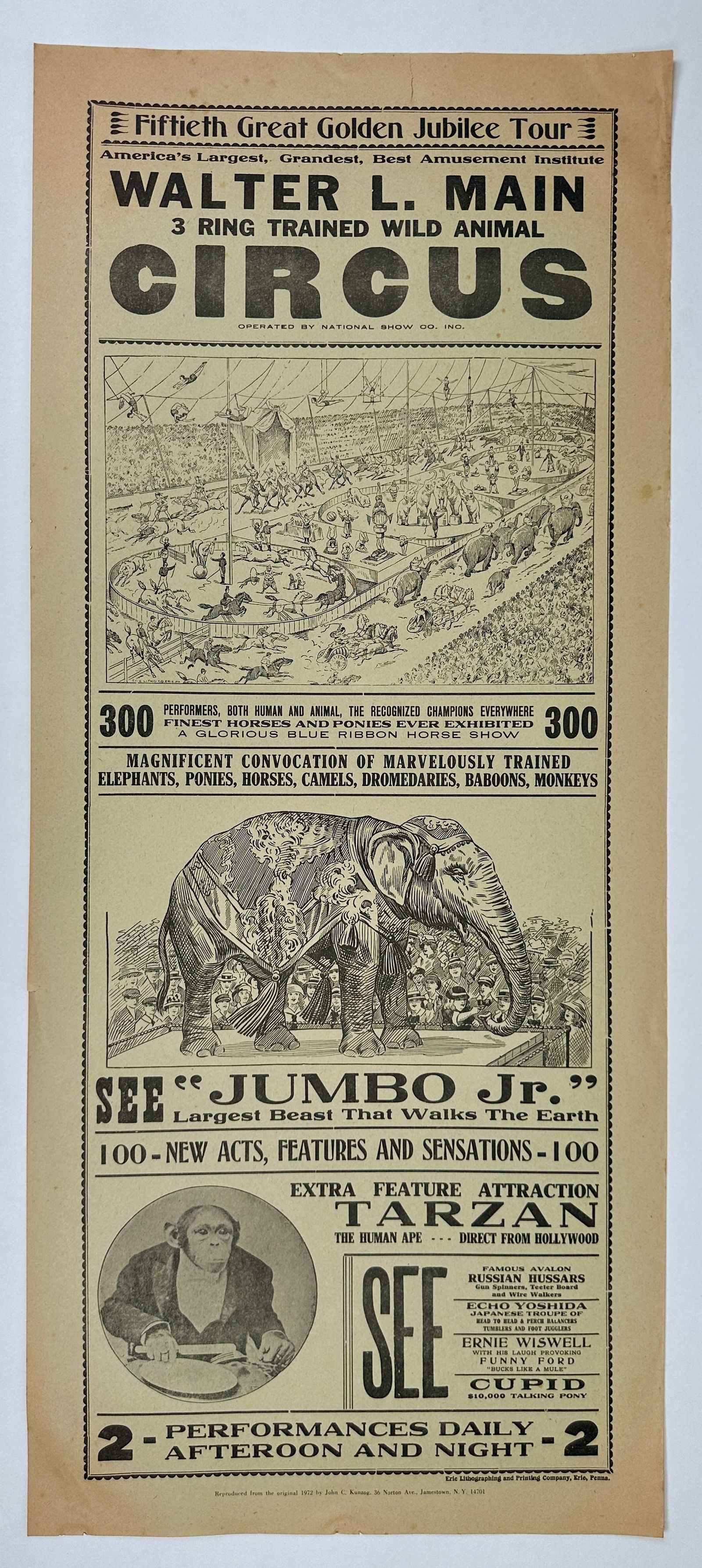 WALTER L. MAIN CIRCUS BROADSIDE: RESTRIKE/PRINT FROM THE ORIGINAL BROADSIDE. JOHN C. KUNZOG, 1972. UNMOUNTED. 12"X27"