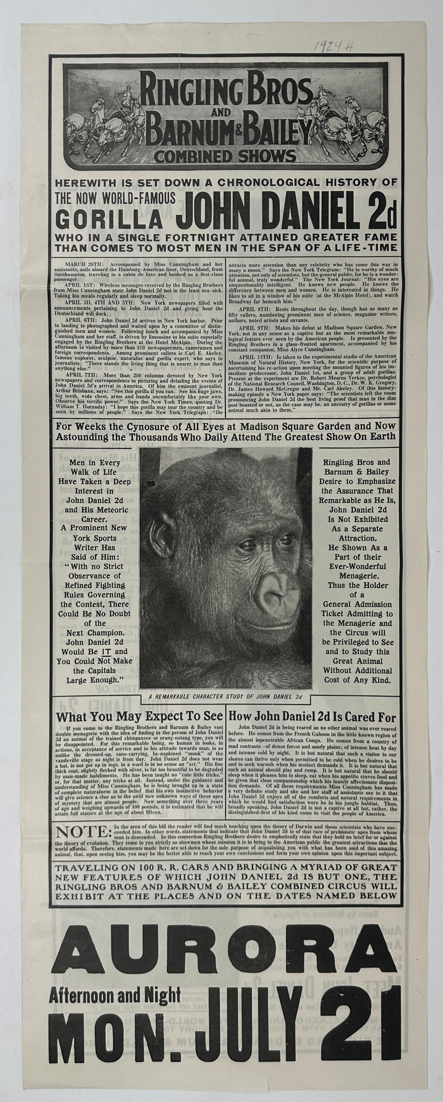 RINGLING BROS. BARNUM BAILEY CIRCUS BROADSIDE: 1924 BROADSIDE HERALD AND BILLING FOR RBBB CIRCUS - JOHN DANIEL THE SECOND. UNMOUNTED, FOLDS. 10.5"X28"