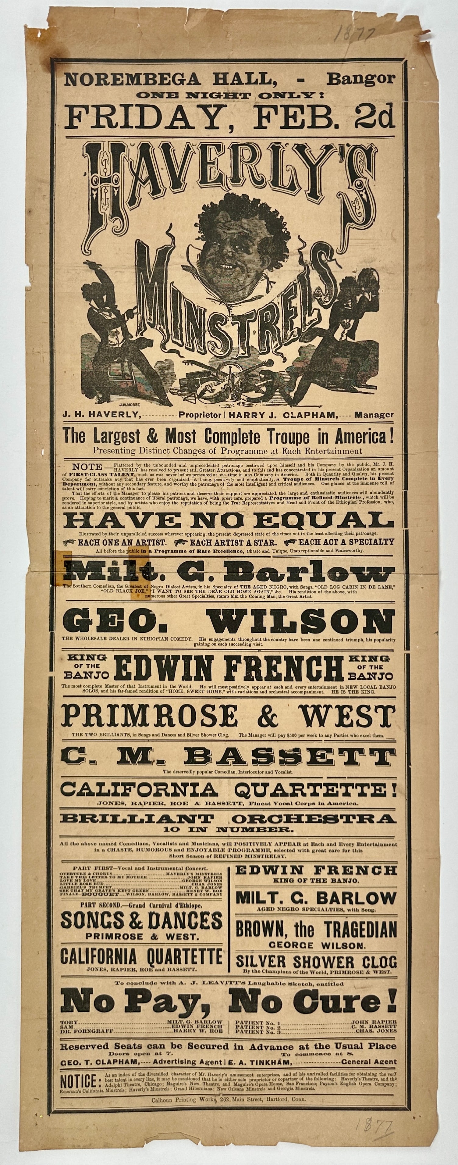 1877 HAVERLY'S MINSTRELS BROADSIDE (1 of 1)