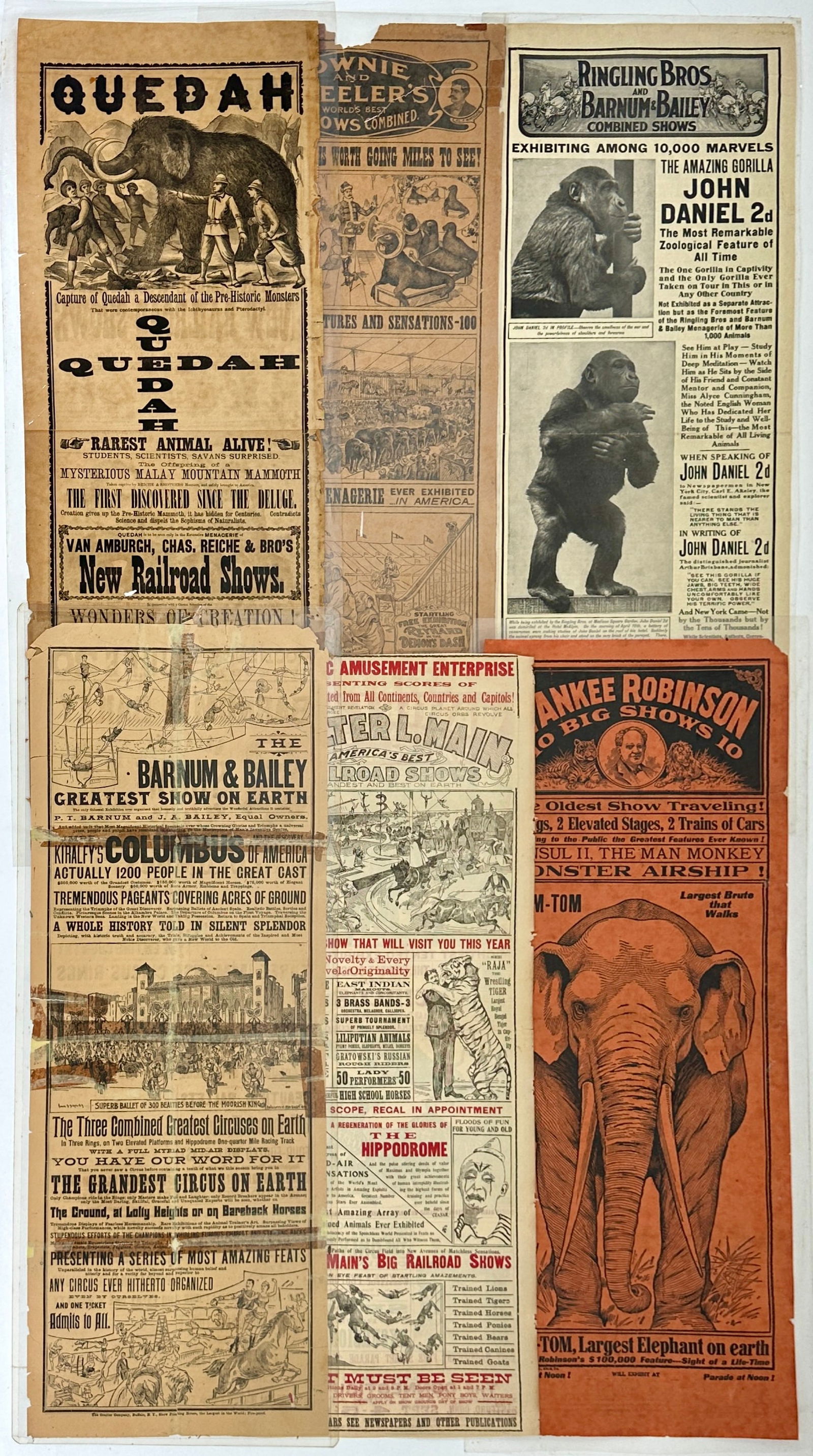 ANTIQUE CIRCUS BROADSIDE COLLECTION: DOWNIE WHEELER'S WORLD'S BEST SHOWS - RAILROAD EXCURSION; VAN AMBURGH - REICH & BROS. NEW RAILROAD SHOWS; RBBB CIRCUS - JOHN DANIEL; YANKEE ROBINSON 10 BIG SHOWS; WALTER L. MAIN; BARNUM & BAILEY. ALL