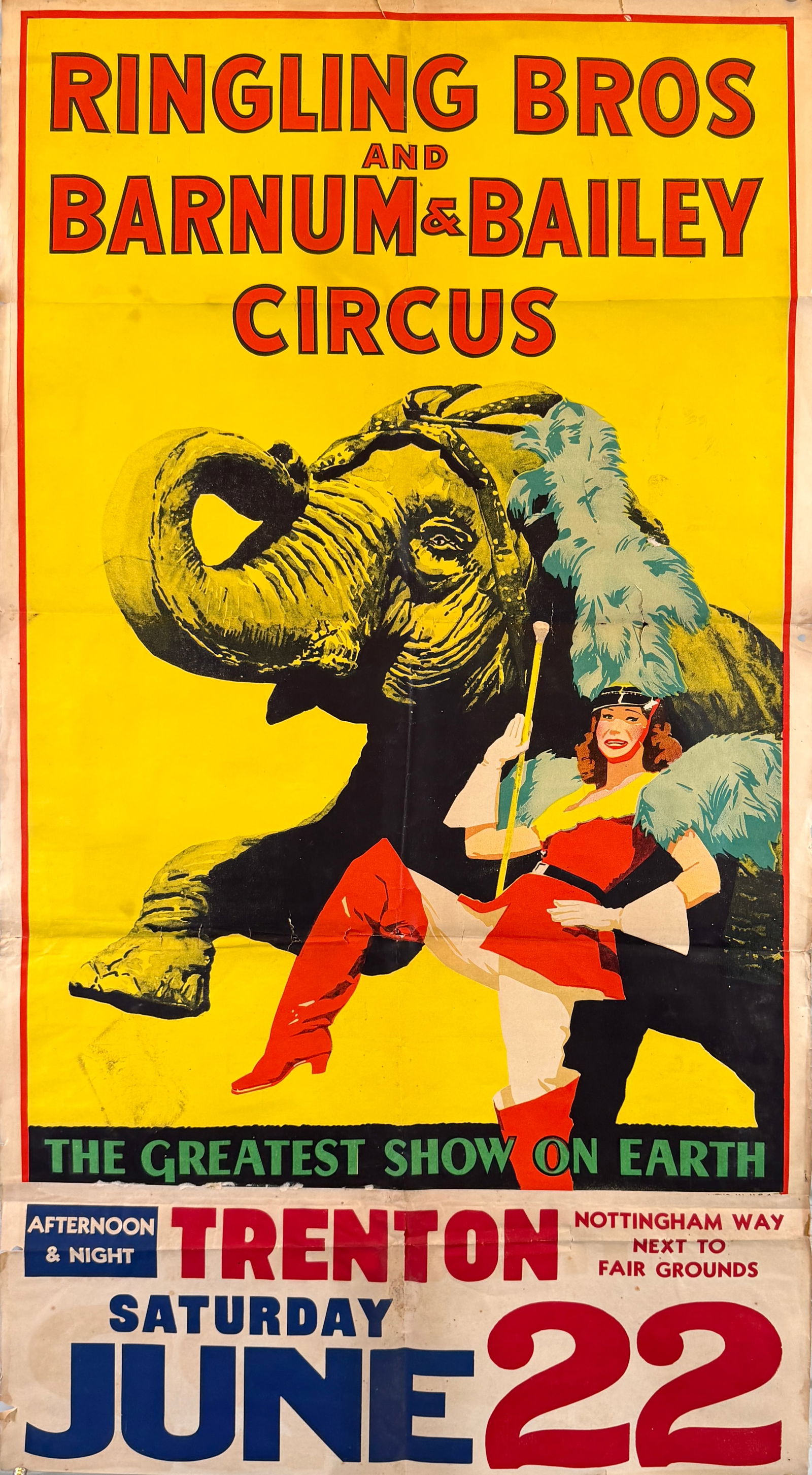 RINGLING BROS. AND BARNUM & BAILEY CIRCUS POSTER: ORIGINAL, AUTHENTIC POSTER - ELEPHANT AND MAJORETTE. ONE SHEET PLUS DATE TAIL, 1946. UNMOUNTED, FOLDS AS ISSUED, SMALL TEARS AT FOLDS. APPROX. 28"X51"
