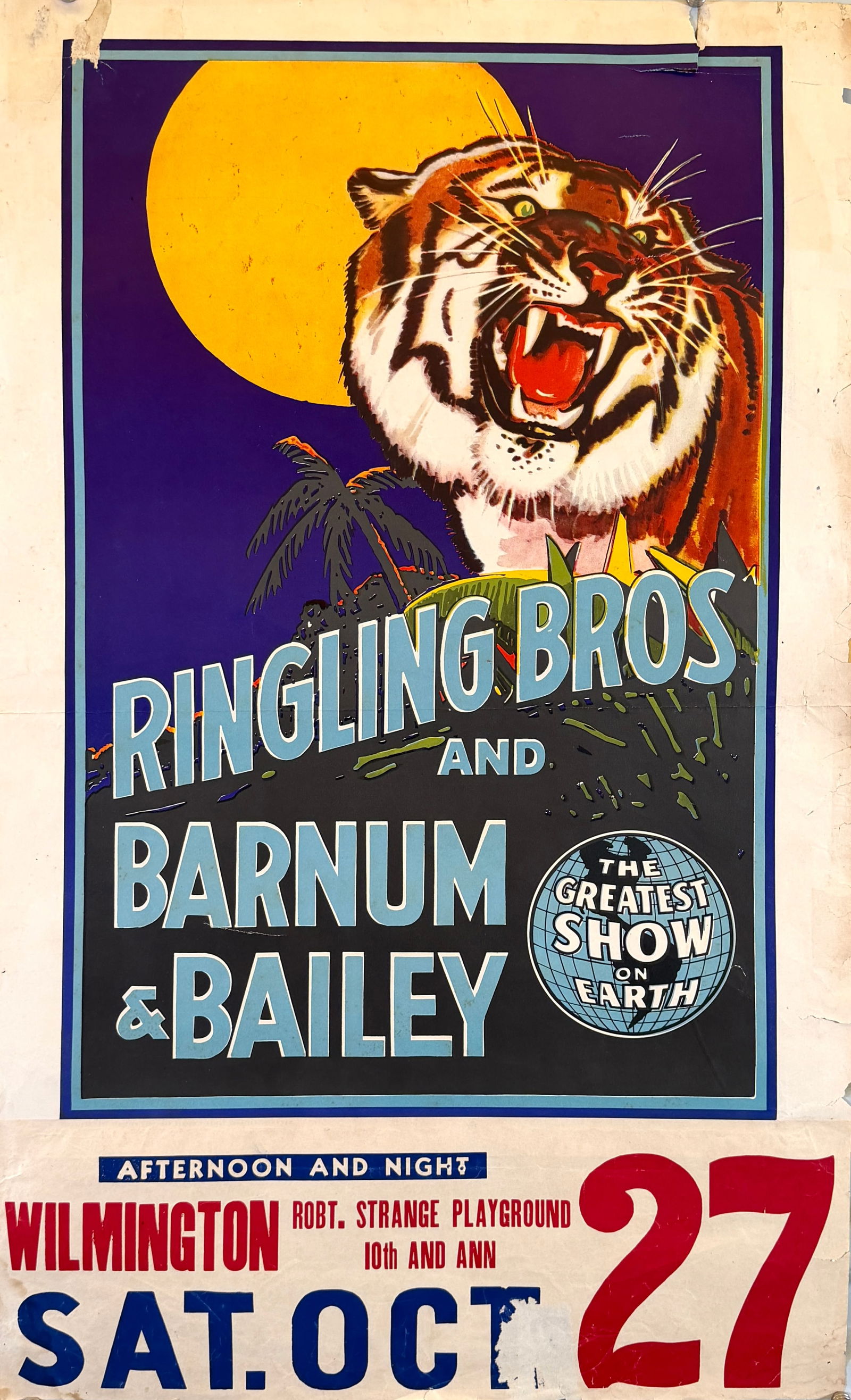 RINGLING BROS. AND BARNUM & BAILEY CIRCUS POSTER: ORIGINAL, AUTHENTIC POSTER - TIGER AND THE MOON. HALF SHEET PLUS DATE TAIL, 1943 WITH 1951 DATE TAIL. UNMOUNTED. APPROX. 21"X34"