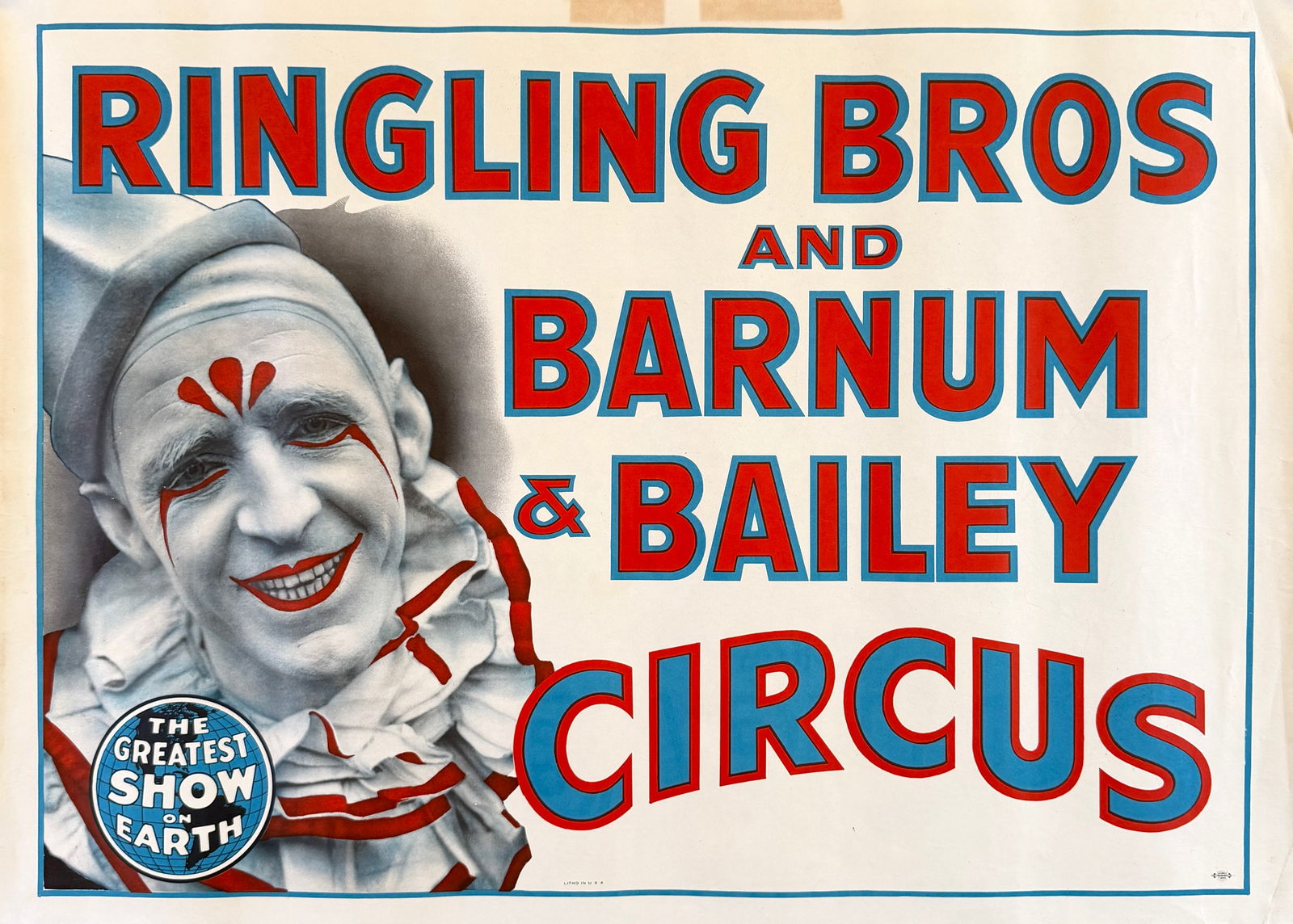 RINGLING BROS. AND BARNUM & BAILEY CIRCUS POSTER: ORIGINAL, AUTHENTIC POSTER - PAT VALDO, CLOWN. HALF SHEET, 1940'S. UNMOUNTED, UNPOSTED. 21"X28"
