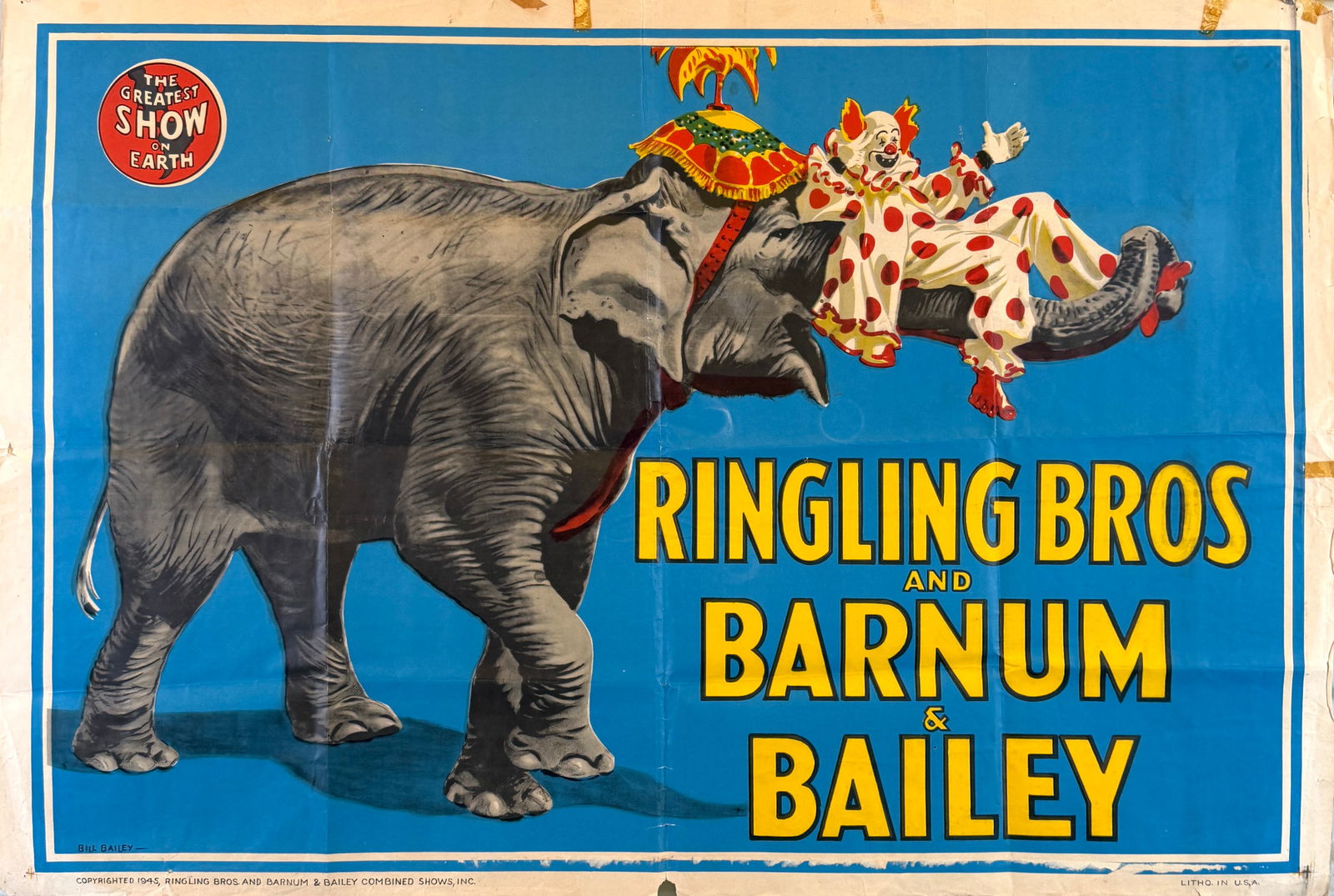 RINGLING BROS. AND BARNUM & BAILEY CIRCUS POSTER: ORIGINAL, AUTHENTIC POSTER- ELEPHANT WITH PAUL JEROME. ONE SHEET, BILL BAILEY DESIGN, 1945. UNMOUNTED, TAPE, FOLDS AS ISSUED. APPROX. 28"X42"