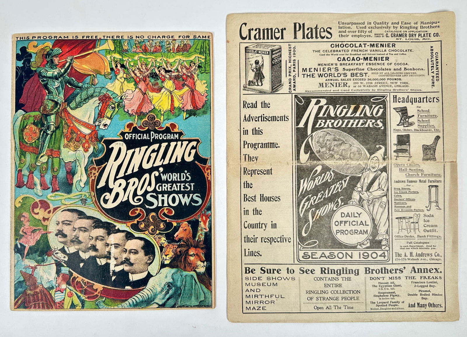RINGLING BROS. CIRCUS PROGRAMS: INCLUDES A 1904 AND 1908 PROGRAM FOR THE RINGLING BROS. - WORLD'S GREATEST SHOWS. VERY GOOD.
