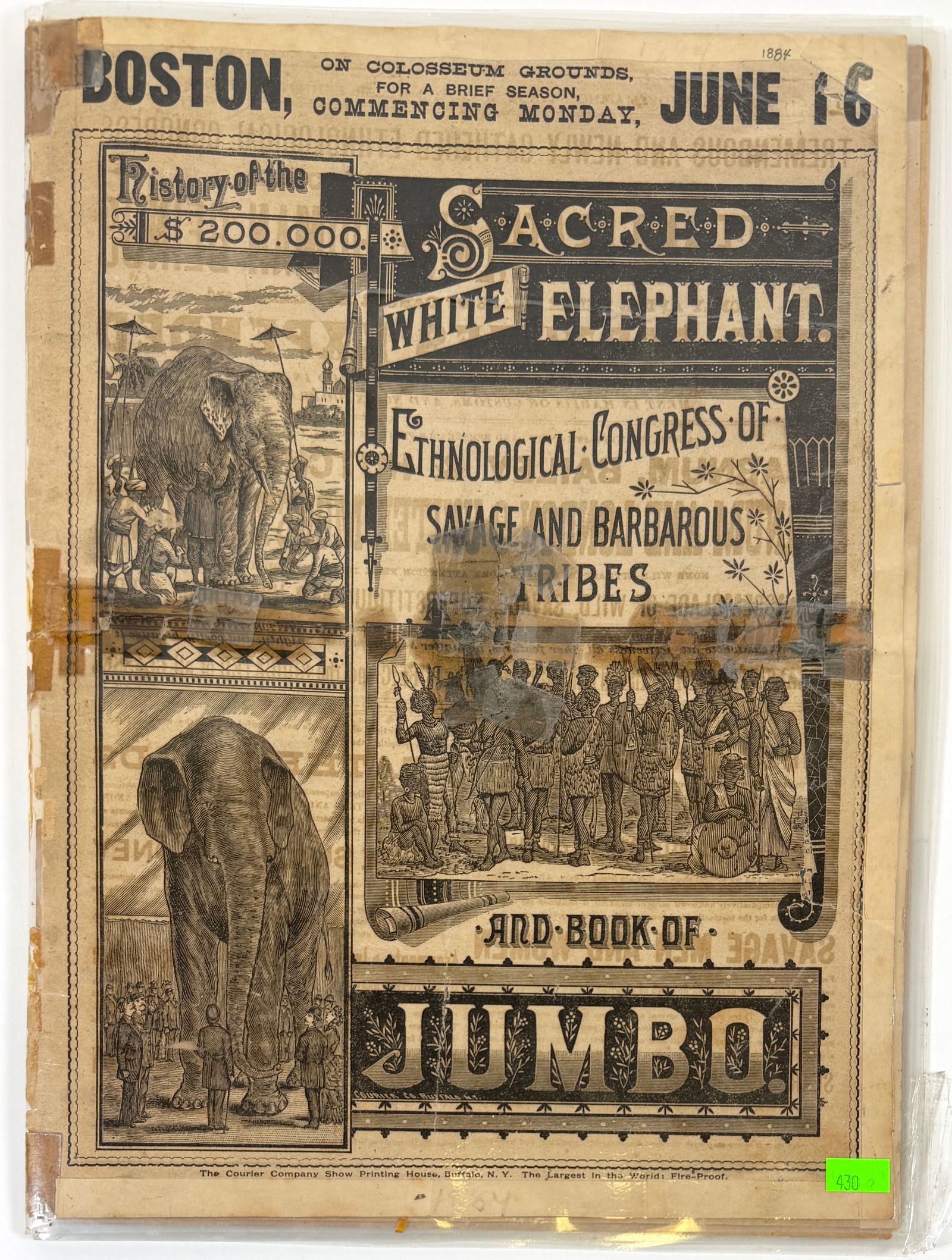 P.T. BARNUM - JUMBO ELEPHANT COURIER: 1884 COURIER COVERING THE WHITE SACRED ELEPHANT AND BOOK OF JUMBO. LAMINATED COPY WITH TAPE, TONING. THE COURIER COMPANY.
