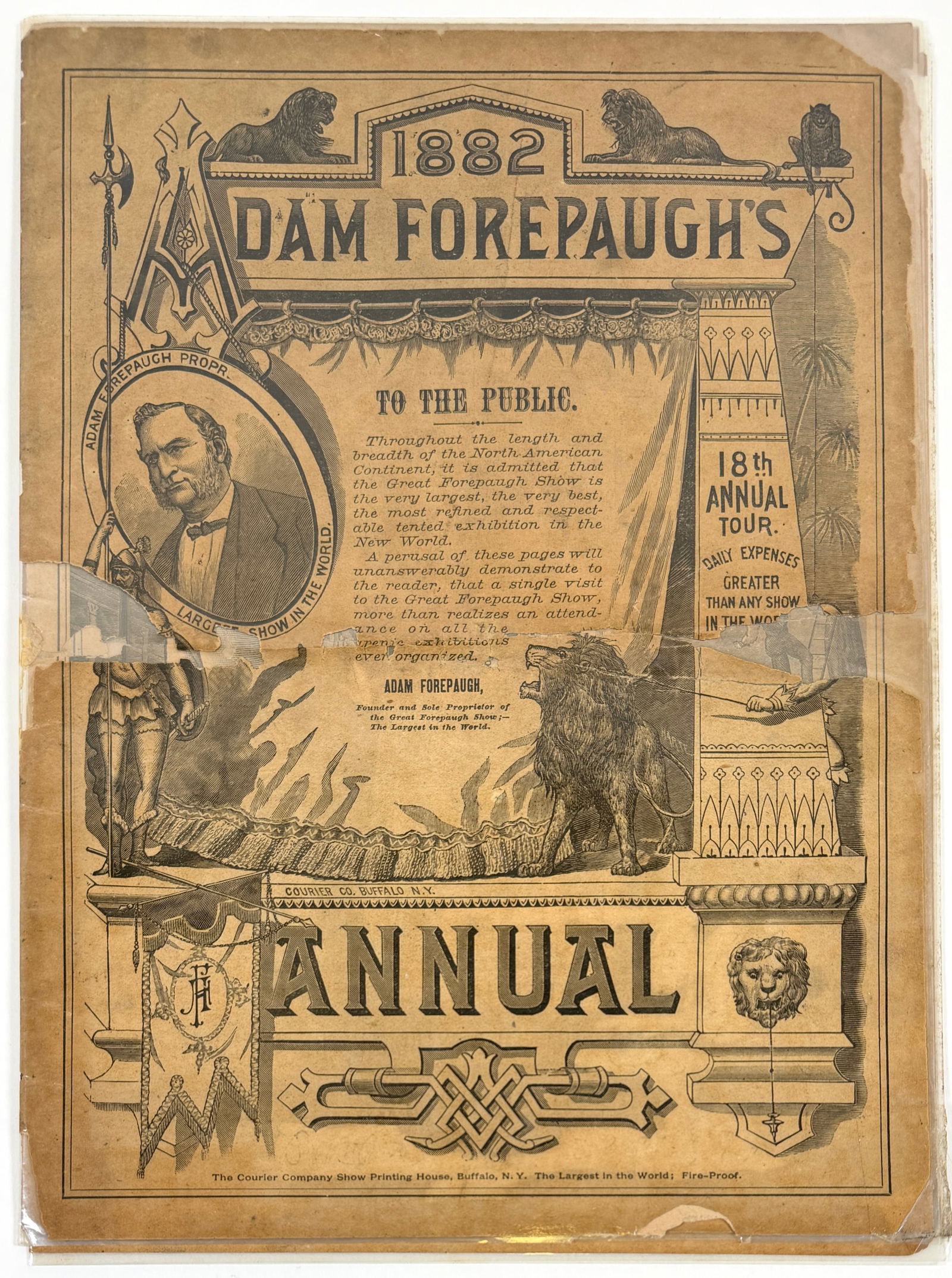 1882 ADAM FORPAUGH'S ANNUAL MAGAZINE COURIER: 14 PAGE LAMINATED COURIER FEATURING: TALLEST COUPLE ON EARTH, ALBION THE WIZARD OF THE WHIRLING WHEEL, ZOLA THE FEMALE BLONDIN, BOLIVAR THE LARGEST ELEPHANT. COMPLETE.