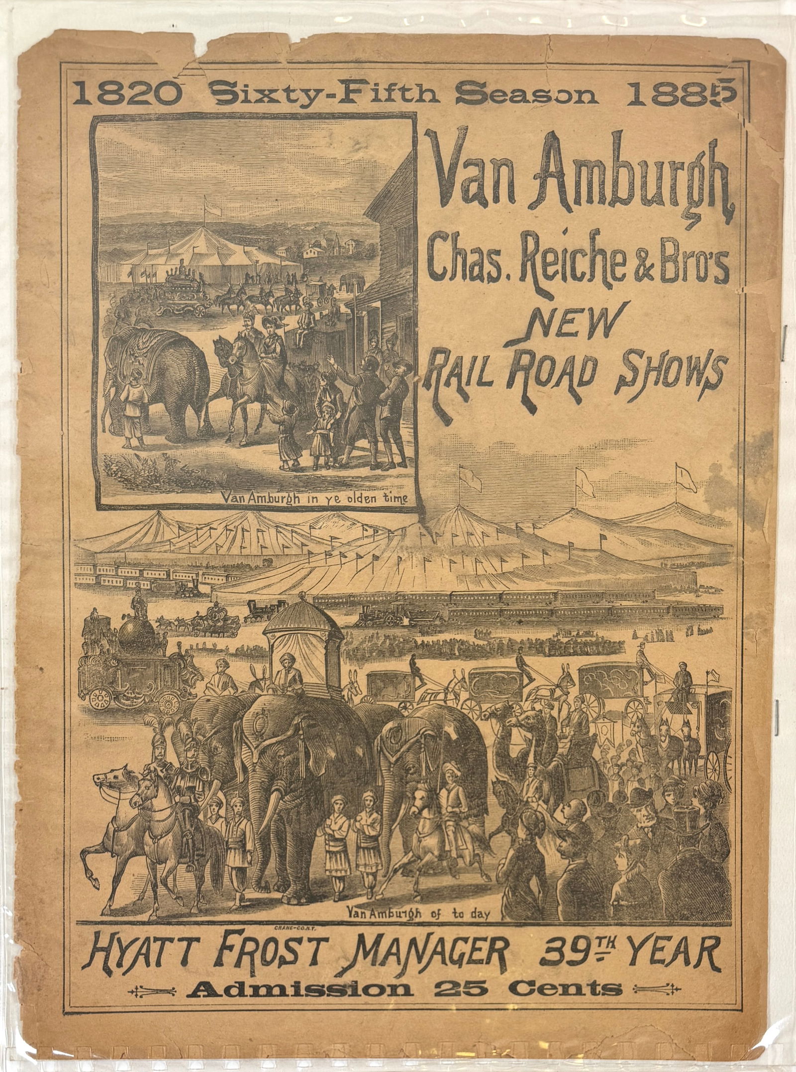 1885 VAN AMBURGH RAILROAD SHOWS COURIER: VAN AMBURGH, CHAS REICHE & BROS. NEW RAILROAD SHOWS. 15 PAGE COURIER. CHIPPING, AREAS OF LOSS, COMPLETE.