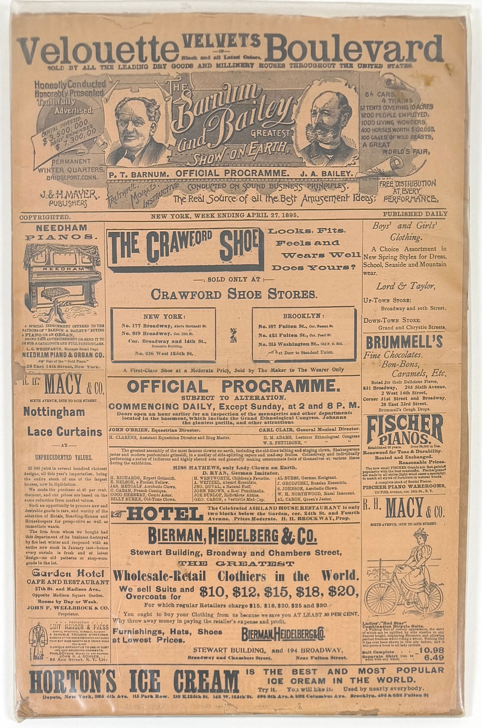 BARNUM & BAILEY CIRCUS - NEW YORK PROGRAM: 1895 PROGRAM FOR THE GREATEST SHOW ON EARTH. DELICATE, AREAS OF MINOR LOSS.