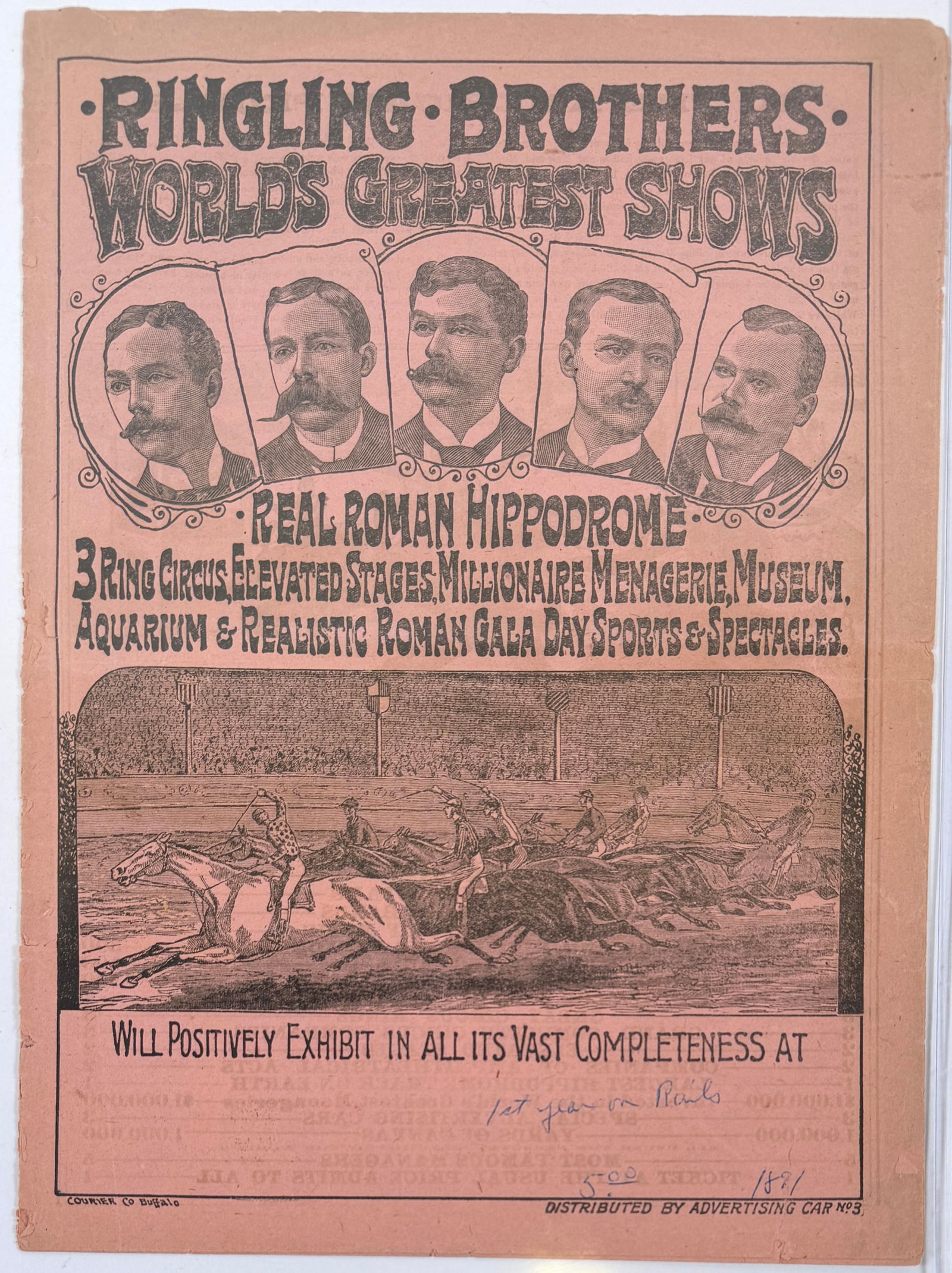 RINGLING BROS. ENORMOUS RAILROAD SHOWS COURIER: 1891 COURIER FOR THE RINGLING BROS. WORLD'S GREATEST SHOWS. 10 PAGE ILLUSTRATED COURIER. FIRST YEAR ON RAILS FOR THE RINGLING BROS. DELICATE, SMALL TEARS.