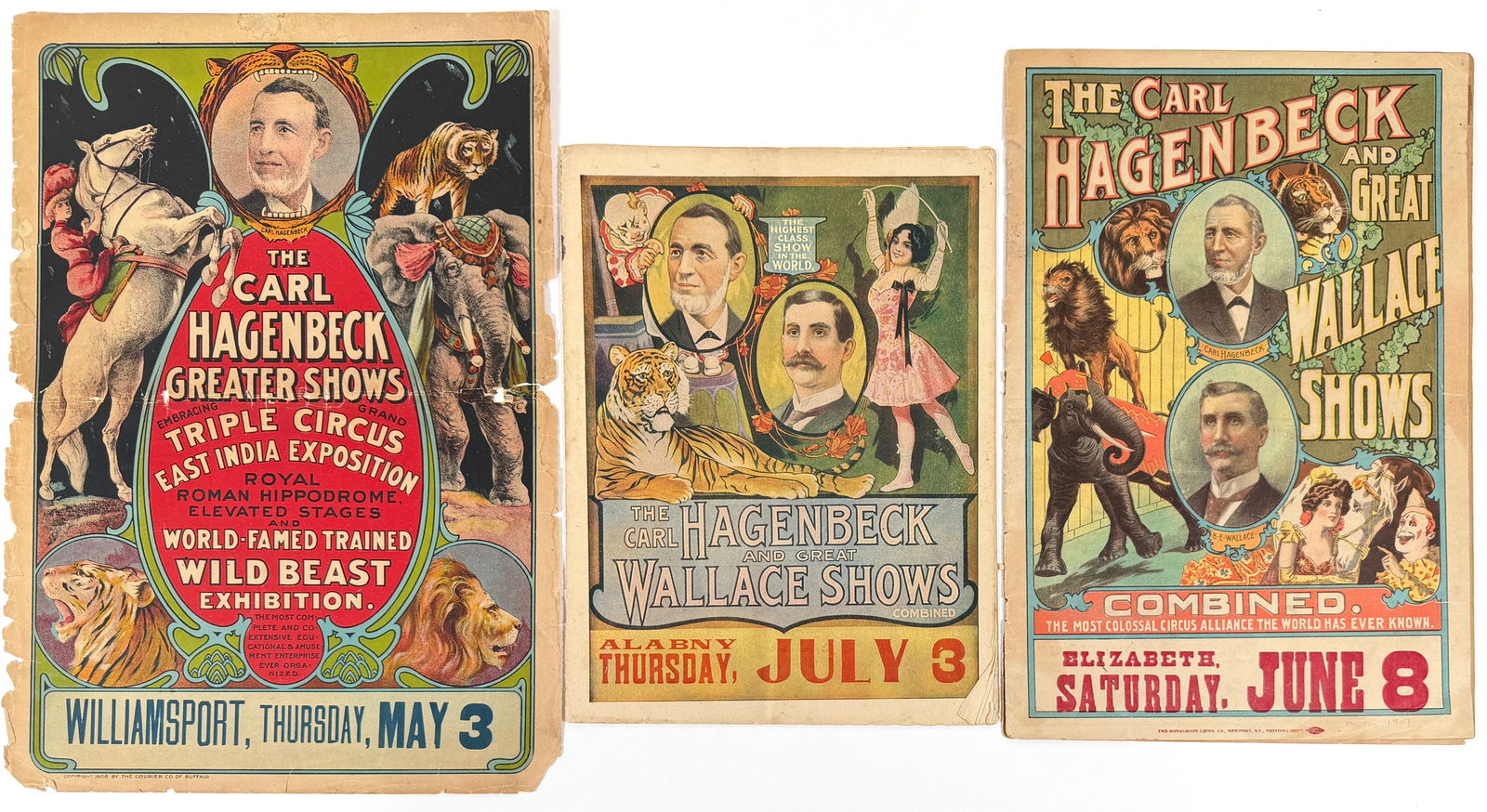 HAGENBECK-WALLACE CIRCUS COURIERS: THREE COURIERS FOR HAGENBECK WALLACE CIRCUS, C.1905. BEAUTIFULLY ILLUSTRATED IN COLOR. WEAR COMMENSURATE WITH AGE.