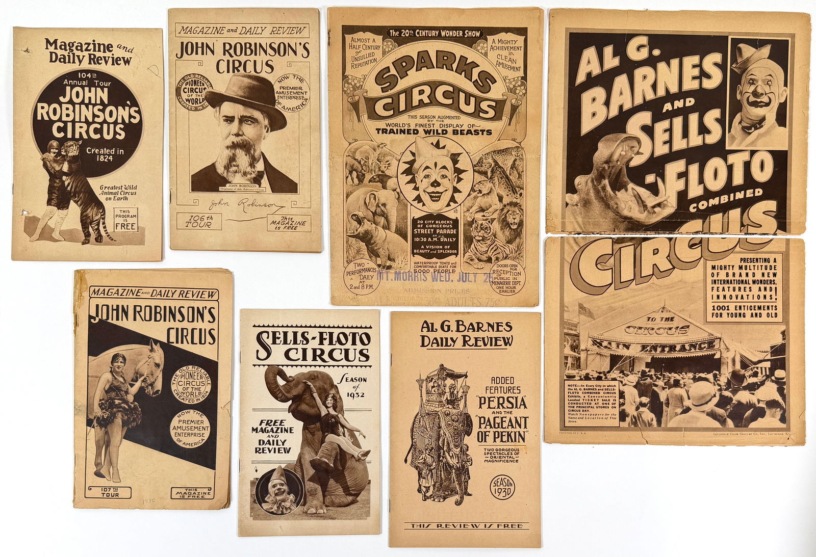 ANTIQUE CIRCUS MAGAZINES: MAGAZINES AND DAILY REVIEWS, COURIERS. JOHN ROBINSON'S CIRCUS, SELLS-FLOTO, AL G. BARNES, SPARKS.