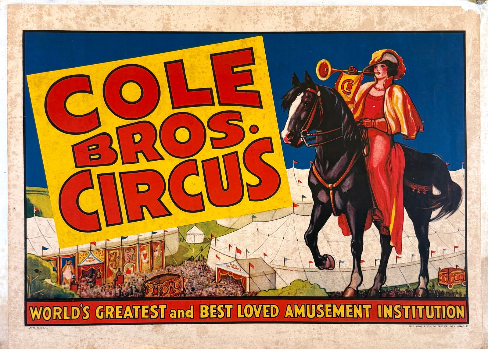 COLE BROS. CIRCUS POSTER: AUTHENTIC, ORIGINAL POSTER - WORLD'S GREATEST AND BEST LOVED INSTITUTION. HALF SHEET, ERIE LITHO., C.1940'S. CHARTEX, TONING, SOILING, STAINS. APPROX. 21"X28"