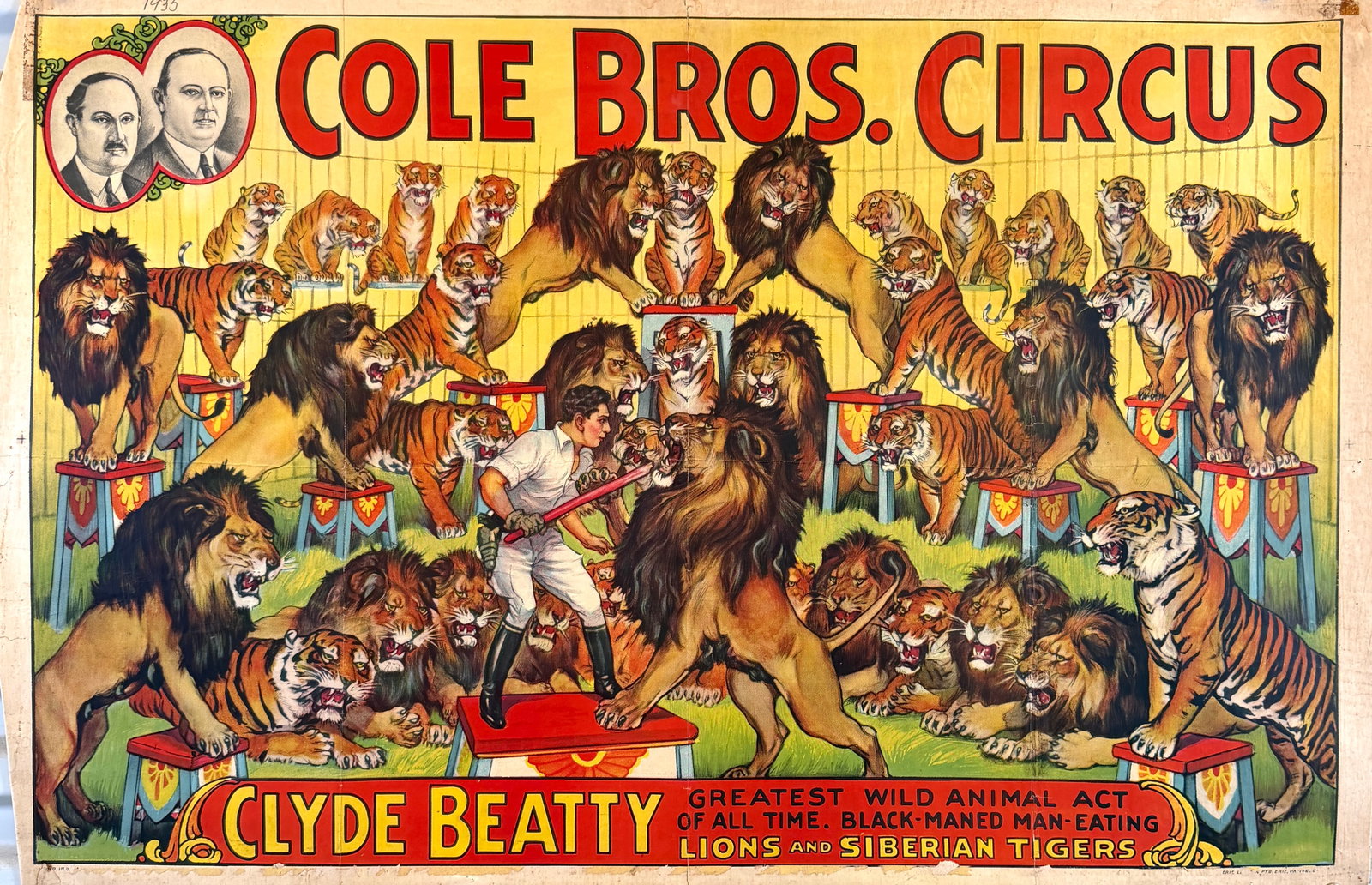 COLE BROS. CIRCUS POSTER: AUTHENTIC, ORIGINAL POSTER - CLYDE BEATTY. ONE SHEET, ERIE LITHO., 1935. CHARTEX, TONING, SOILING. APPROX. 28"X42"