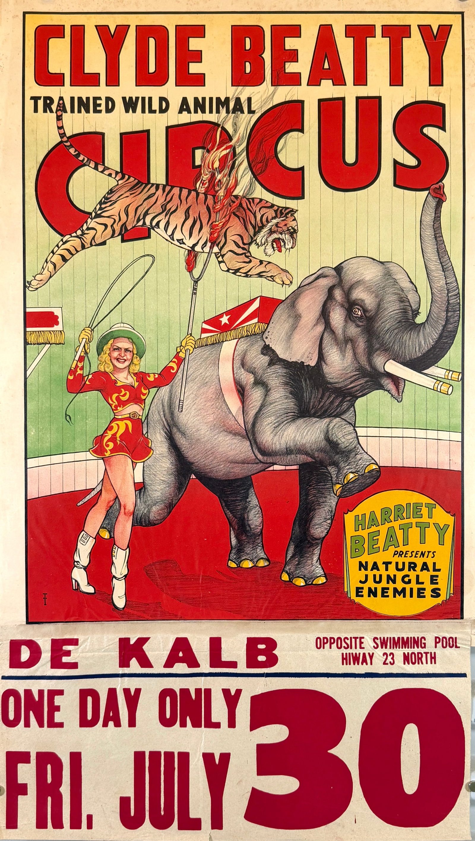 CLYDE BEATTY CIRCUS POSTER: AUTHENTIC, ORIGINAL POSTER - HARRIET BEATTY PRESENTS NATURAL JUNGLE ENEMIES. HALF SHEET PLUS DATE TAIL, C.1950'S. UNMOUNTED. 21"X36"