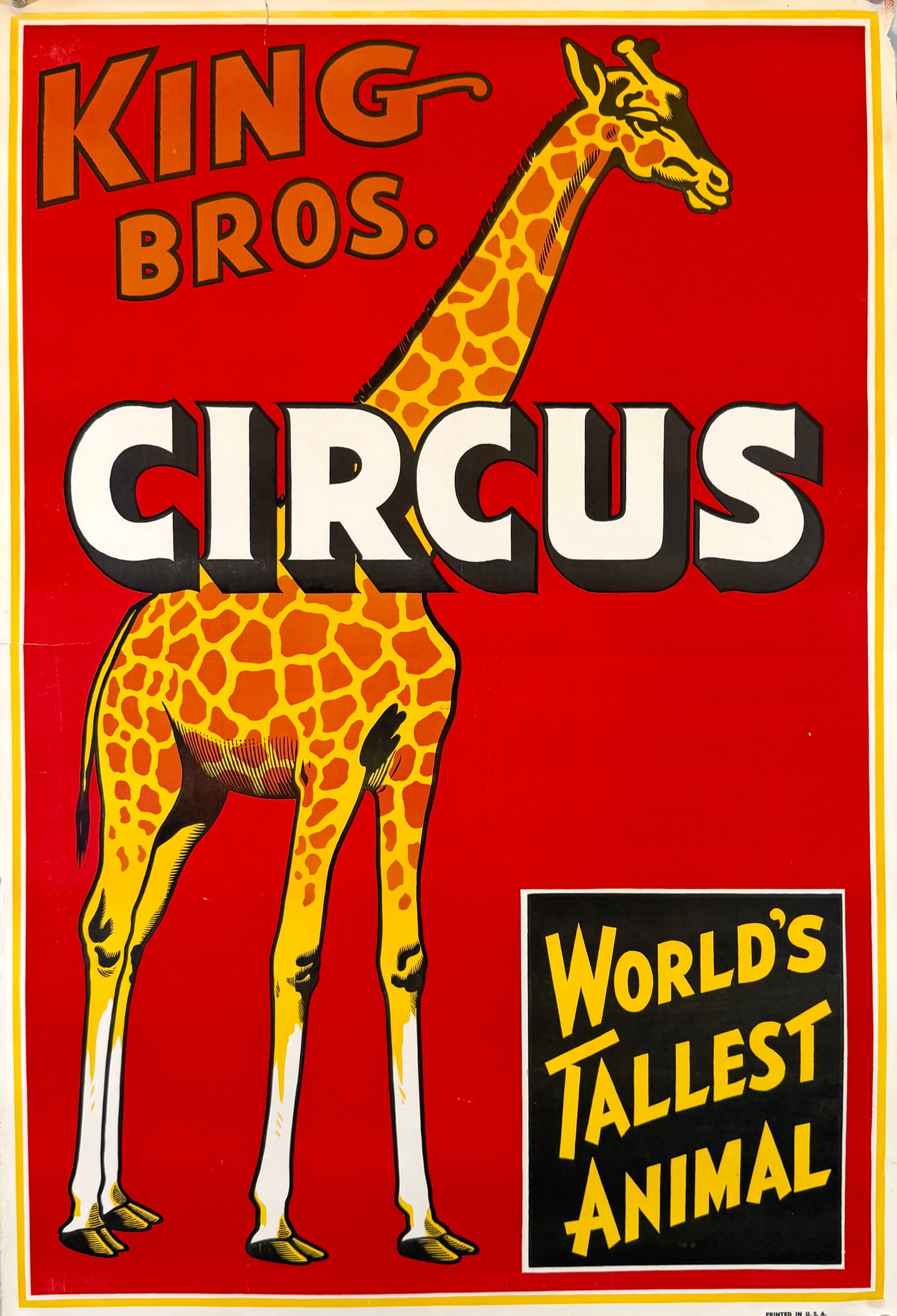 KING BROS. CIRCUS POSTER: AUTHENTIC, ORIGINAL POSTER. WORLD'S TALLEST ANIMAL - GIRAFFE. ONE SHEET, UNMOUNTED, C.1960. APPROX. 28"X42"