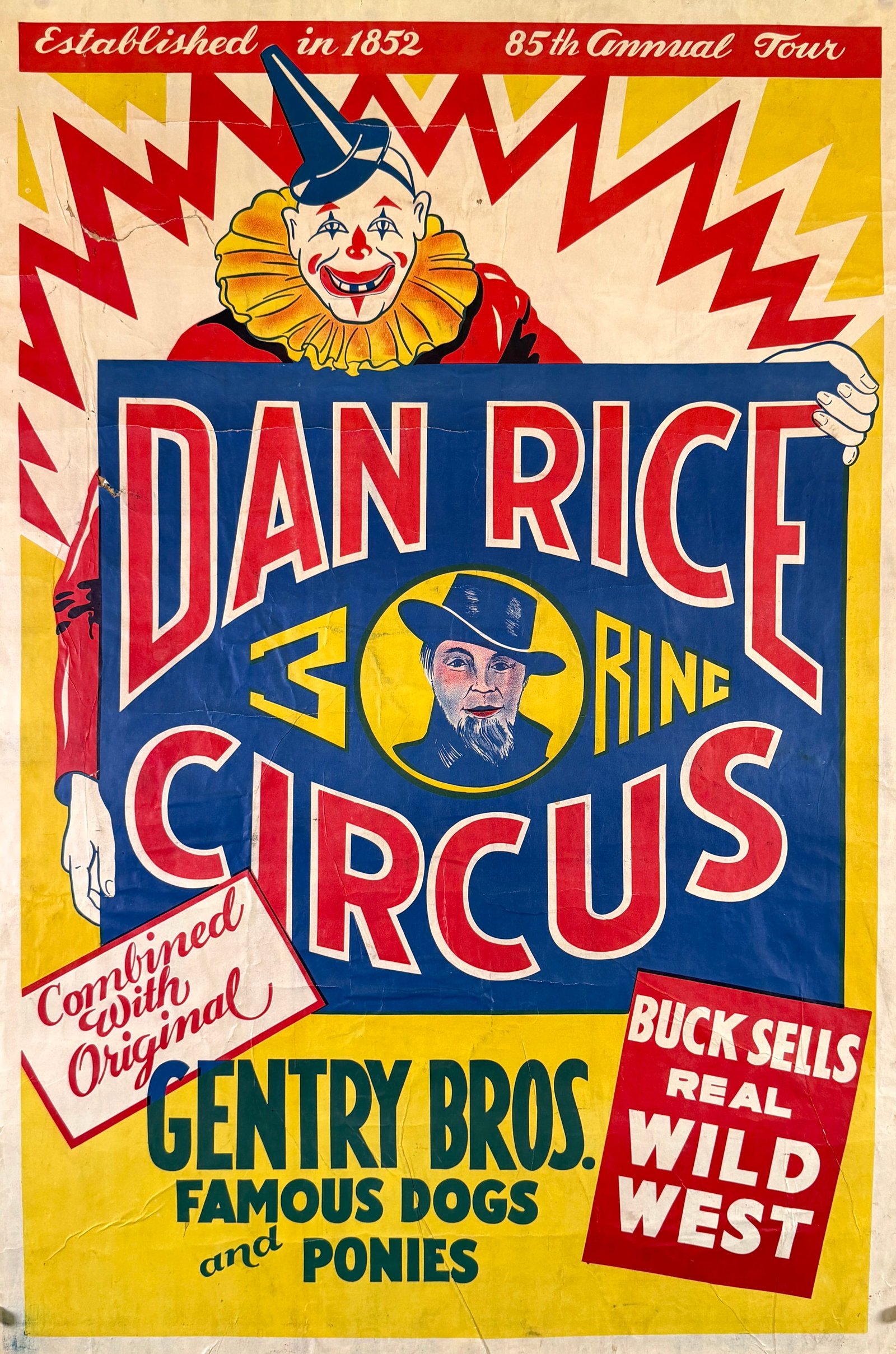 DAN RICE CIRCUS POSTER: AUTHENTIC, ORIGINAL POSTER. DAN RICE WITH GENTRY BROS. CIRCUS. ONE SHEET, 1937. MOUNTED ON CRAFT PAPER, WRINKLING, CLOSED TEARTS. APPROX. 28"X42"