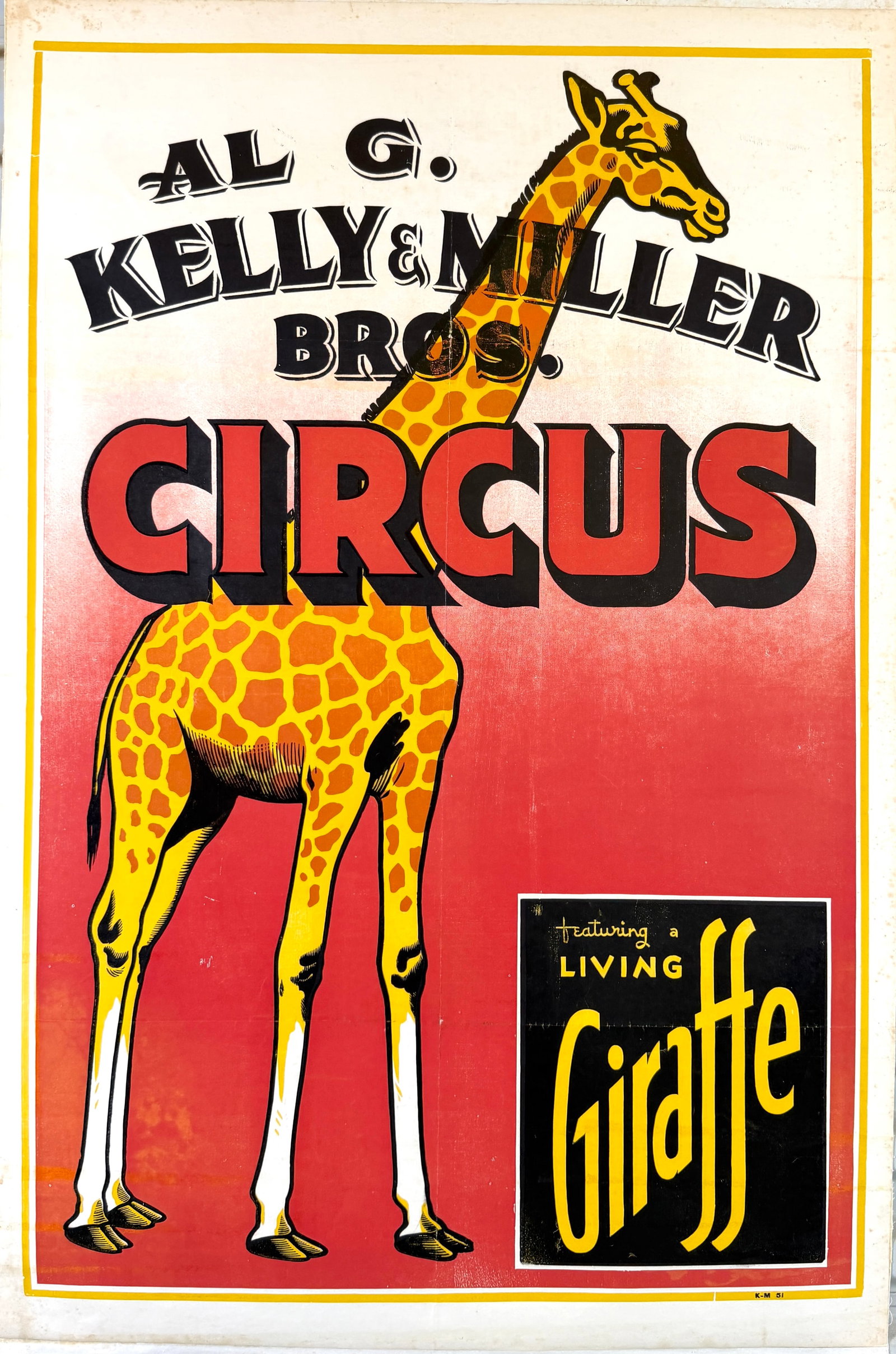 KELLY MILLER BROS. CIRCUS POSTER: AUTHENTIC, ORIGINAL POSTER. FEATURING A LIVING GIRAFFE. ONE SHEET, C.1950'S. OLD LINEN MOUNTING. TONING. APPROX. 28"X42"