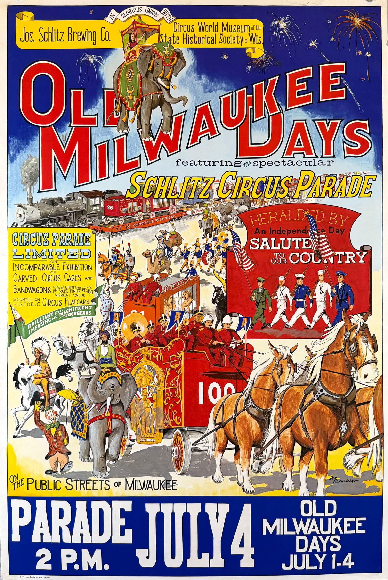 OLD MILWAUKEE DAYS - SCHLITZ CIRCUS PARADE POSTER: AUTHENTIC, ORIGINAL POSTER FOR THE SCHLITZ CIRCUS PARADE, MILWAUKEE, WISCONSIN, 1966. ONE SHEET, UNMOUNTED. APPROX. 28"X42"
