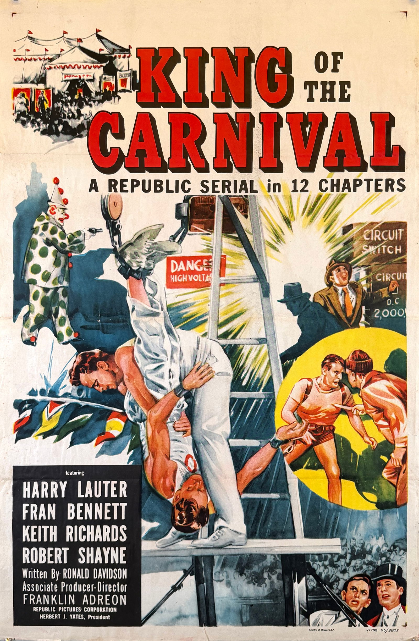 KING OF THE CARNIVAL MOTION PICTURE POSTER: AUTHENTIC, ORIGINAL POSTER FOR KING OF THE CARNIVAL, MOTION PICTURE POSTER, 1955. UNMOUNTED, FOLDS AS ISSUED. APPROX. 28"X42"