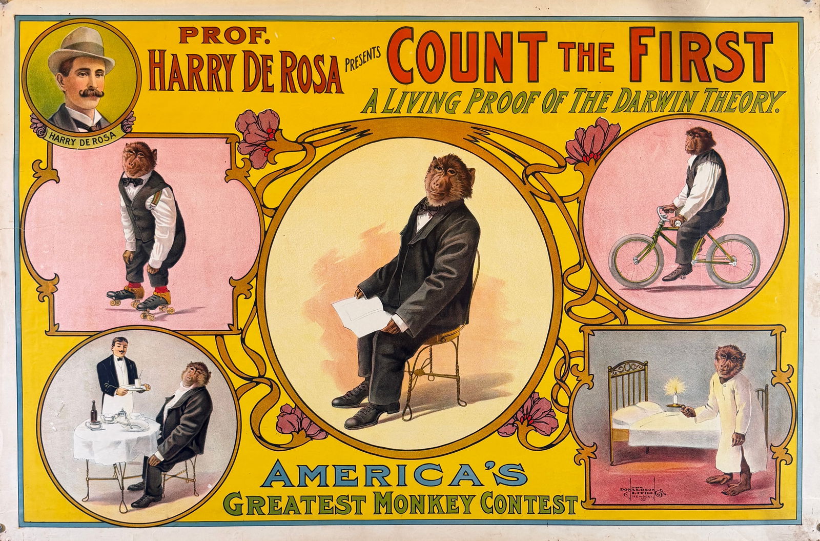 PROF. HARRY DE ROSA - COUNT THE FIRST POSTER: AUTHENTIC, ORIGINAL POSTER - AMERICA'S GREATEST MONKEY CONTEST. ONE SHEET, DONALDSON LITHO., C.1910'S. ONE SHEET, UNMOUNTED, TAPE BORDER ON VERSO. APPROX. 28"X42"