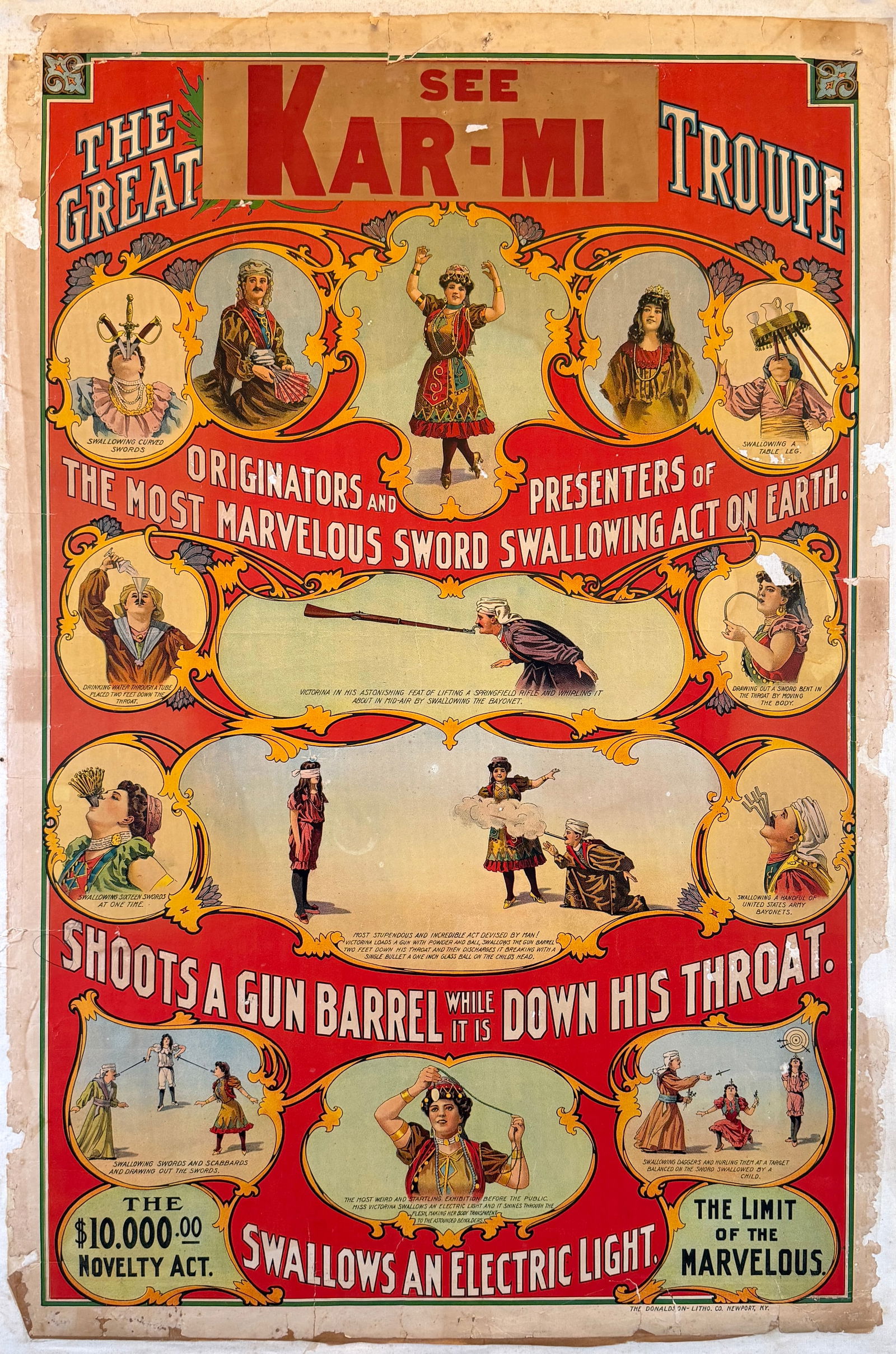 THE GREAT KAR-MI TROUPE: AUTHENTIC, ORIGINAL POSTER - KAR-MI - SWORD SWALLOWING ACT. ONE SHEET, DONALDSON LITHO, C.1910'S. MOUNTED ON OLD LINEN, TONING, STAINING, SOILED, CHIPPING AT MARGINS. APPROX. 28"X42"