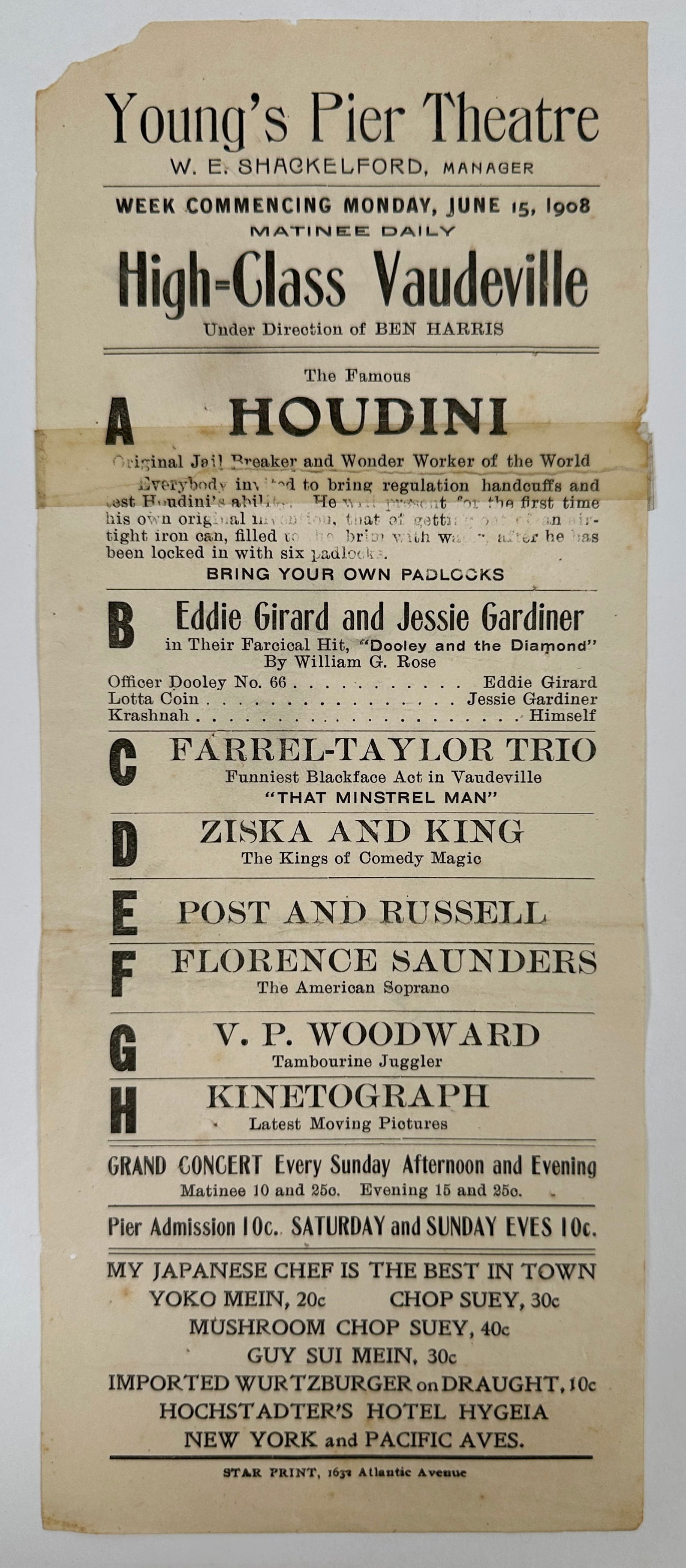 MAGIC - HARRY HOUDINI HANDBILL: YOUNG'S PIER THEATRE, W.E. SHACKELFORD, MANAGER. HIGH CLASS VAUDEVILLE UNDER THE DIRECTION OF BEN HARRIS FEATURING THE FAMOUS HOUDINI, 1908. HANDBILL MOUNTED ON BOARD, TAPE AND AREAS OF MINUTE LOSS
