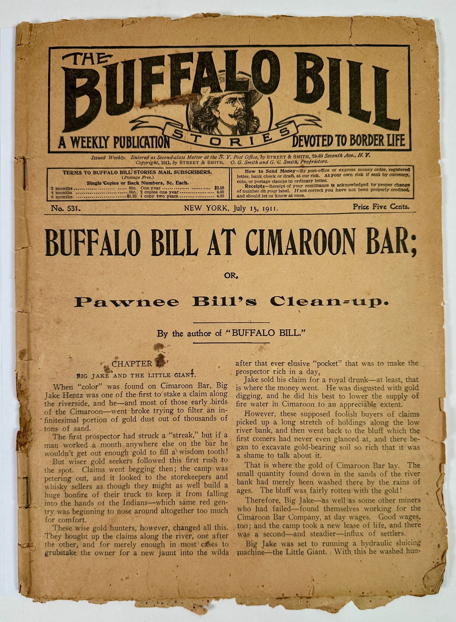 THE BUFFALO BILL STORIES: 1911 PULP READER - BUFFALO BILL STORIES - BUFFALO BILL AT CIMAROON BAR; OR, PAWNEE BILL'S CLEAN UP. CHIPPING, LOSS OF BACK COVER, OTHERWISE COMPLETE