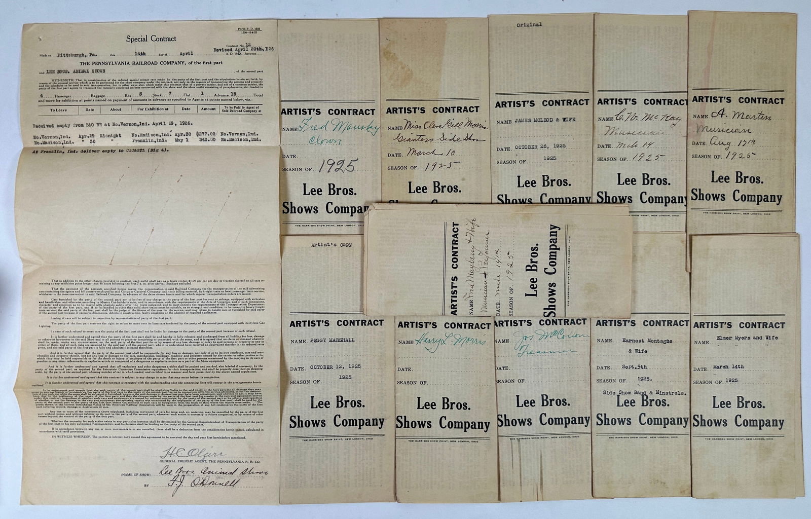 CIRCUS ARTIST'S CONTRACTS - LEE BROS. CIRCUS: SERIES OF VARIOUS PERFORMER CONTRACTS FOR LEE BROS. CIRCUS, 1925. CLOWN, GIANTESS-SIDESHOW, MUSICIAN, TREASURER. RAILROAD CONTRACT.