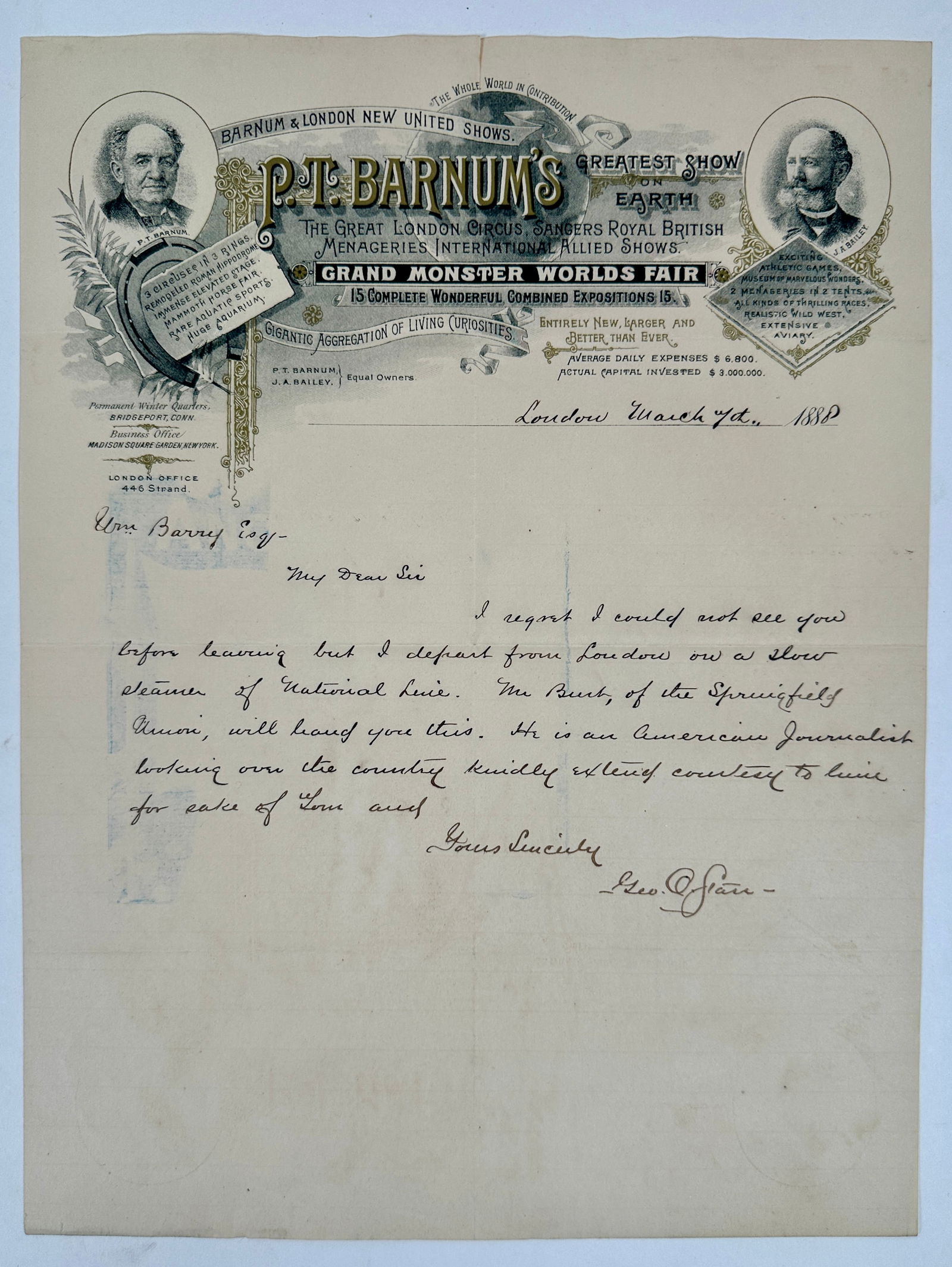 GEO. O. STARR - P.T. BARNUM'S LETTER: LETTER DATED 1888 TO WILLIAM BARRY FROM GEORGE STARR CONCERNING SHOW BOOKING. ON P.T. BARNUM'S GREATEST SHOW ON EARTH LETTERHEAD. INK ON PAPER.