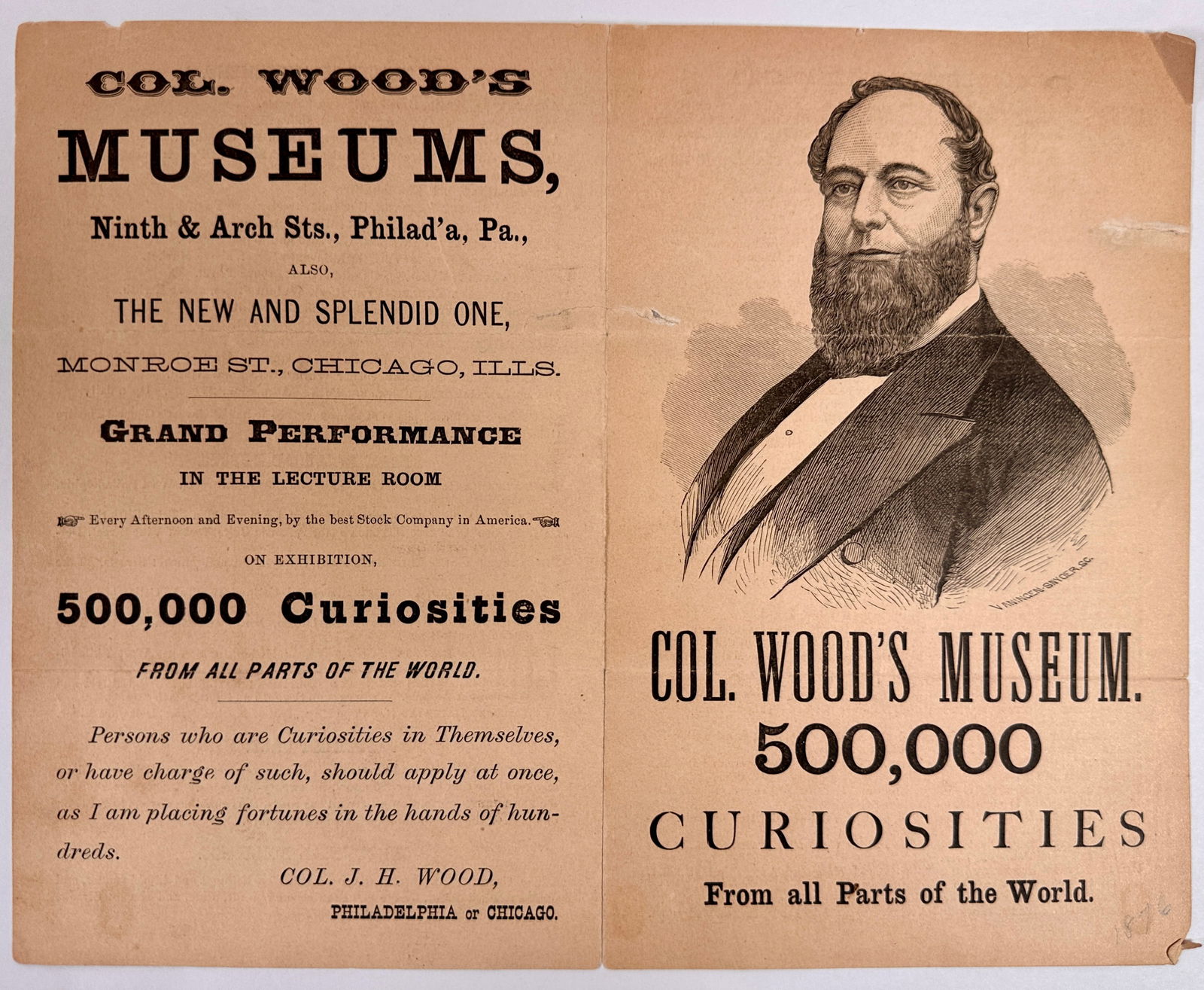 COL. WOOD'S MUSEUMS HANDBILL: TWO-SIDED HANDBILL FOR COL. WOOD'S MUSEUM OF 500,000 CURIOSITIES, PHILA., CHICAGO, 1876. REVERSE WITH PHILADELPHIA SITES OF IMPORTANCE. 8"X10". TAPE, FOLDS.