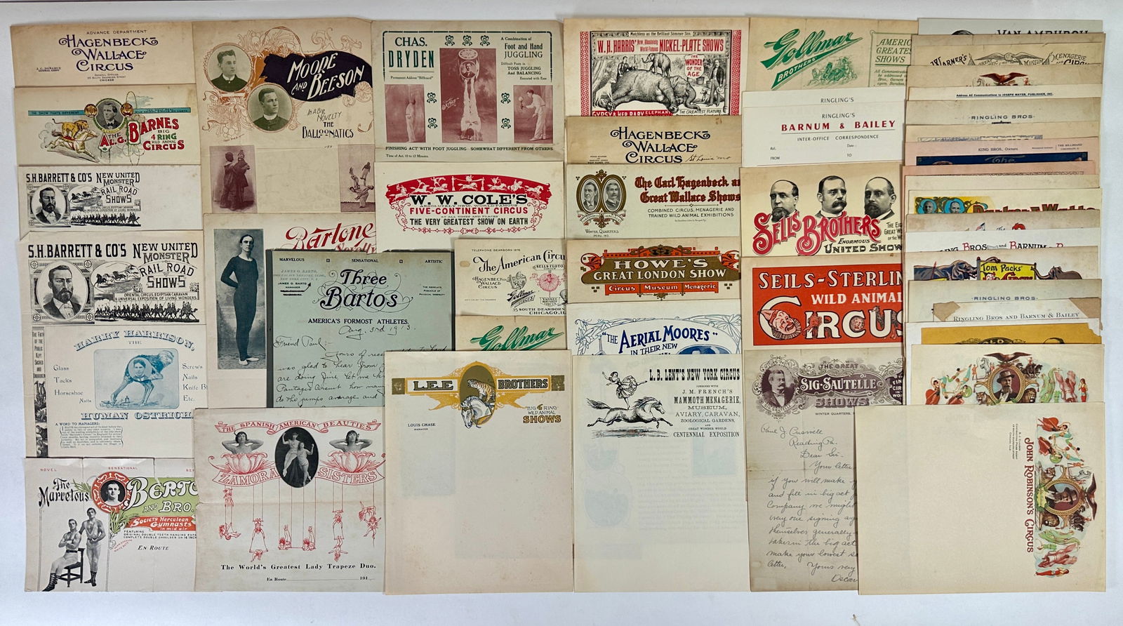 ANTIQUE CIRCUS LETTERHEADS: HAGENBECK-WALLACE, AL G. BARNES, S.H. BARRETT, W.W. COLE'S, A.C.C., GOLMAR BROS., W.H. HARRIS, LEE BROS., L.B. LENT, SELLS BROS., SIG SAUTELLE, VAN AMBURGH, J.E. WARNER, JOHN ROBINSON, RINGLING,