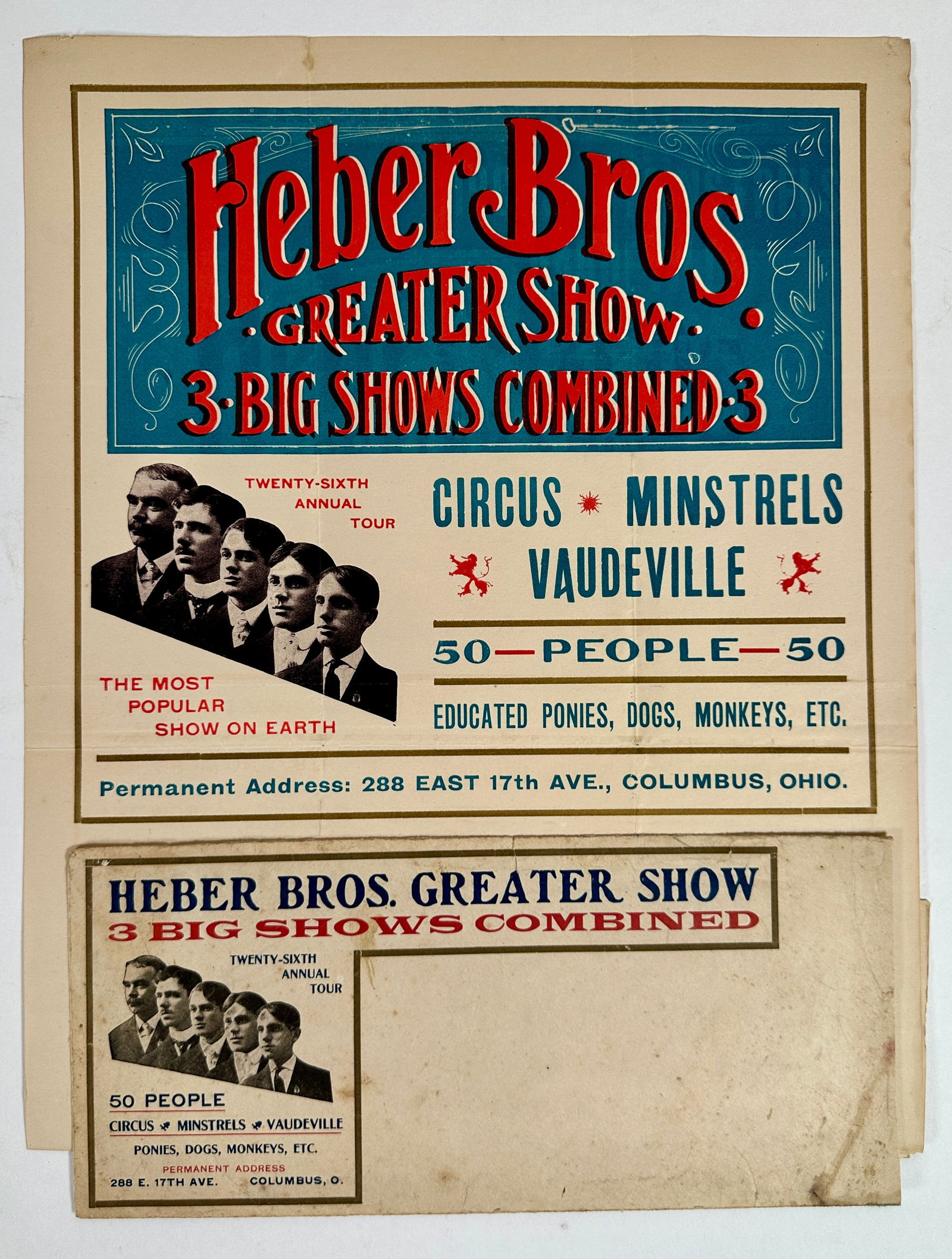 HEBER BROS. GREATER SHOWS LETTERHEAD: ADVERTISING LETTERHEAD FOR HEBER BROS. GREATER SHOWS - CIRCUS - MINSTRELS - VAUDEVILLE, C.1900. LARGE FORMAT LETTERHEAD AND ENVELOPE.