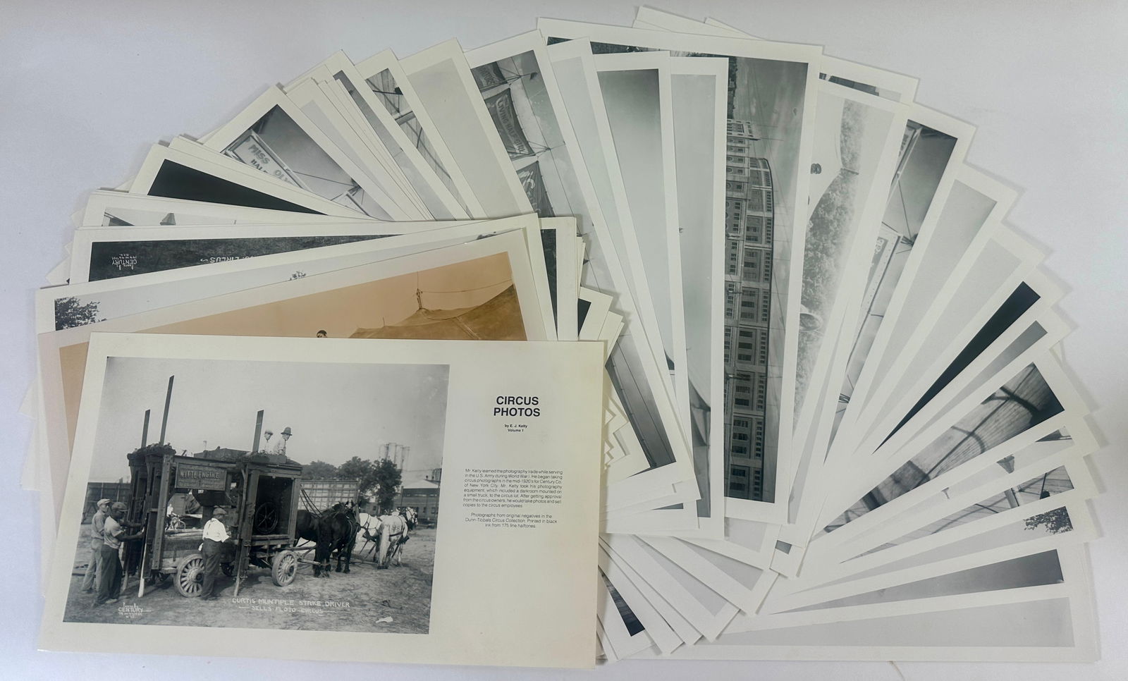 EDWARD J. KELTY CIRCUS PHOTOGRAPHS: SERIES OF RESTRIKE IMAGES FROM THE DUNN-TIBBALS COLLECTION. EACH APPROX. 12"X20". APPROX. 40 IMAGES