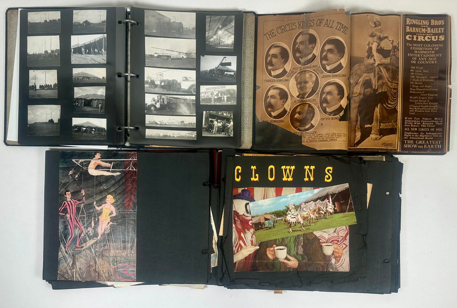 BOB MESSING CIRCUS SCRAPBOOKS: PHOTOGRAPH ALBUM, ALBUM OF SHOW ADVERTISING, CLIPPINGS. RINGLING-BARNUM, 1940-'S-60'S.