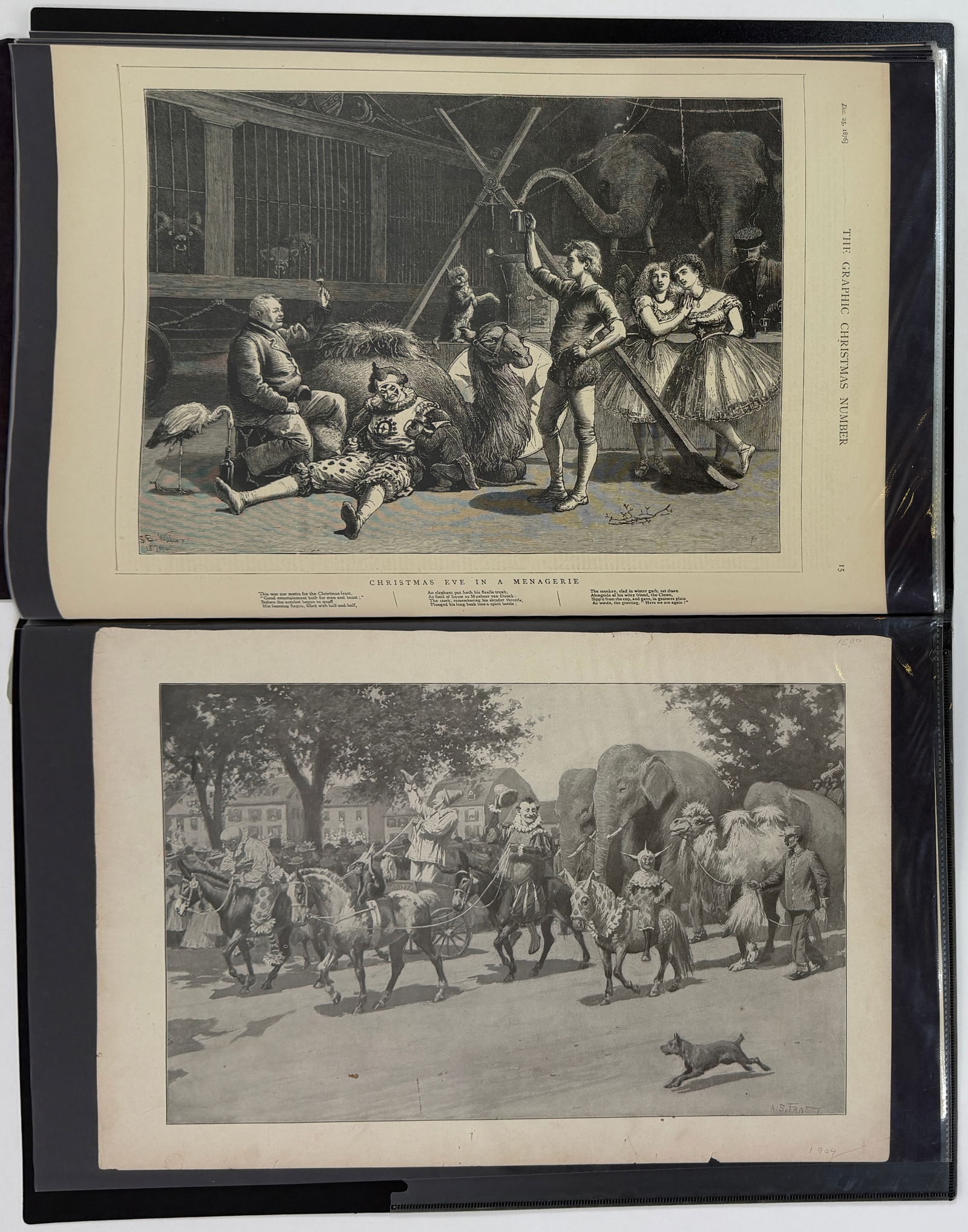 BOOK OF ANTIQUE CIRCUS MAGAZINE SAMPLES: BOOK OF APPROXIMATELY 50 MAGAZINE TEARS COVERING CIRCUS FROM THE MID-1800'S INCLUDING HARPERS, ILLUSTRATED LONDON NEWS, FRANK LESLIE'S ILLUSTRATED NEWS, GLEASON'S DRAWING ROOM COMPANION AND OTHERS. 