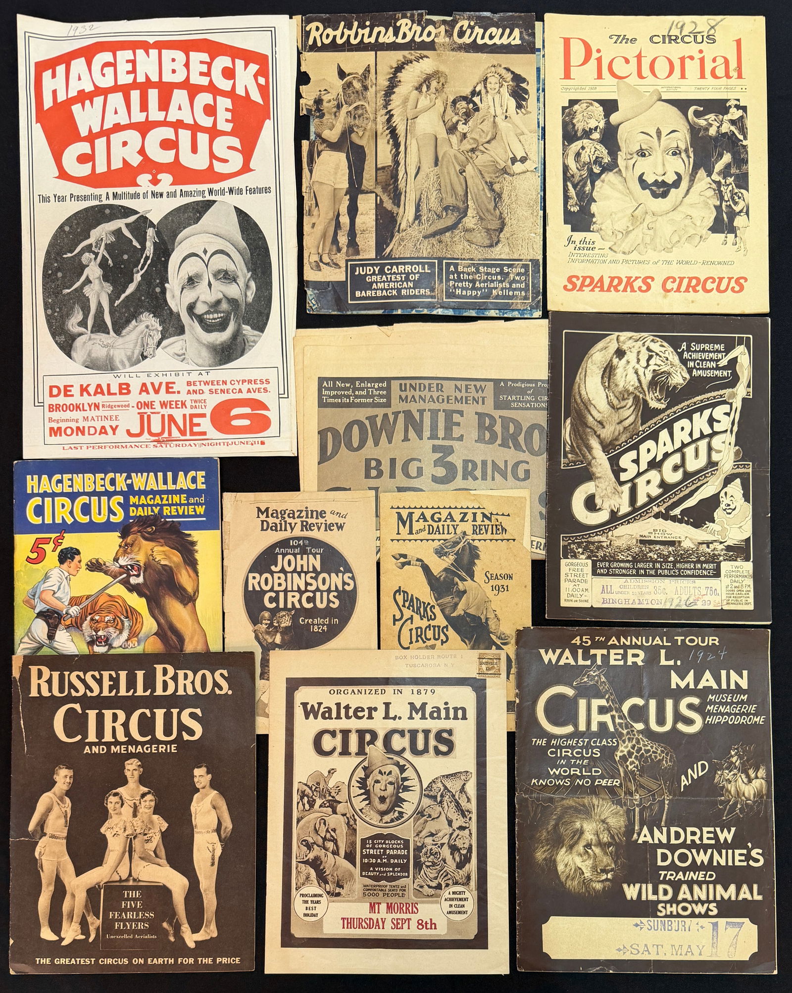 COLLECTION OF CIRCUS COURIERS AND PROGRAMS: 1920'S-30'S INCLUDING: DOWNIE BROS., JOHN ROBINSON, SPARKS, HAGENBECK-WALLACE, RUSSELL, WALTER L. MAIN.