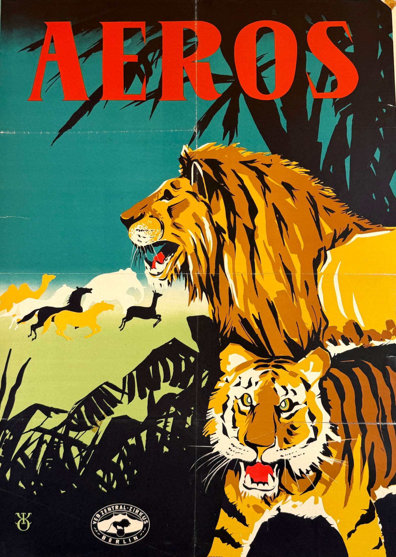 AEROS ZIRKUS POSTER: ORIGINAL, AUTHENTIC AEROS ZIRKUS POSTER FEATURING A LION AND TIGER. UNMOUNTED, FOLDS AS ISSUED, TEARS AT FOLDS. APPROX. 24"X33"