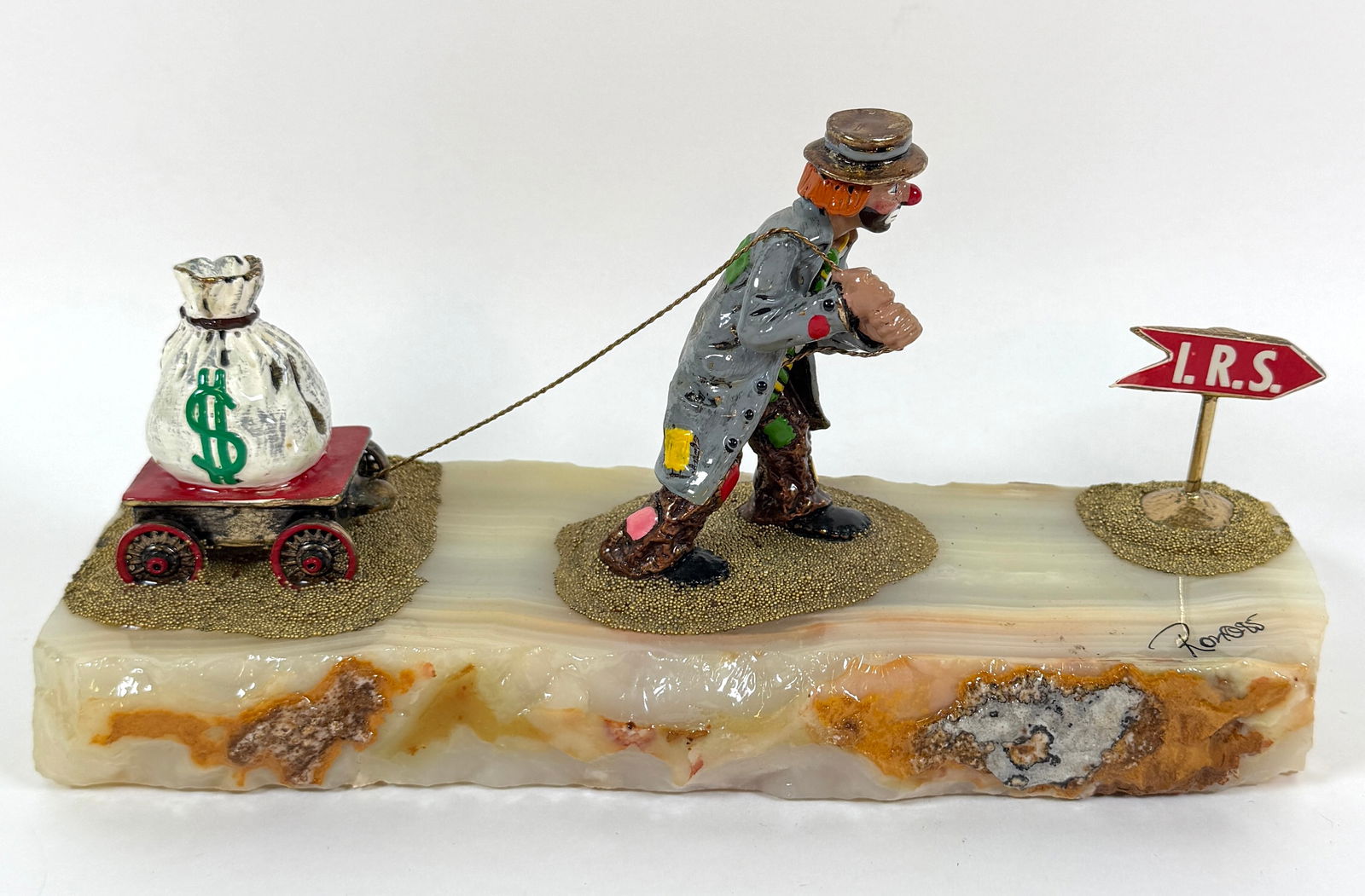 RON LEE - IRS AND BUST - RAGS TO RICHES: MARBLE BASE AND GOLD PLATED CLOWN STATUE. 11"X5"