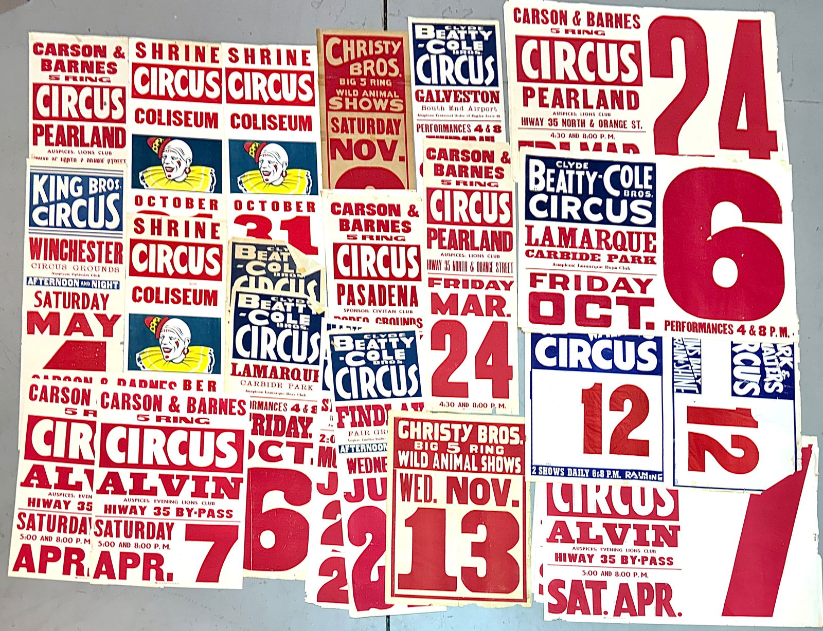 CIRCUS POSTER COLLECTION: ORIGIANL, AUTHENTIC POSTERS. 20TH CENTURY AMERICAN CIRCUSES INCLUDING: CARSON & BARNES, KING BROS., CHRISTY BROS., CLYDE BEATTY-COLE BROS. AND OTHERS. HALF SHEETS, PANELS, ONE SHEETS. APPROX. 30