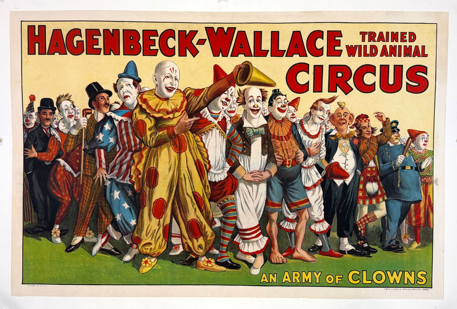 HAGENBECK-WALLACE CIRCUS POSTER: ORIGINAL, AUTHENTIC POSTER FOR HAGENBECK-WALLACE TRAINED WILD ANIMAL CIRCUS - AN ARMY OF CLOWNS. A SPLENDID IMAGE OF A CAST OF CLOWNS AND COMEDY PERFORMERS. ONE SHEET, ERIE LITHO, C.1930. 