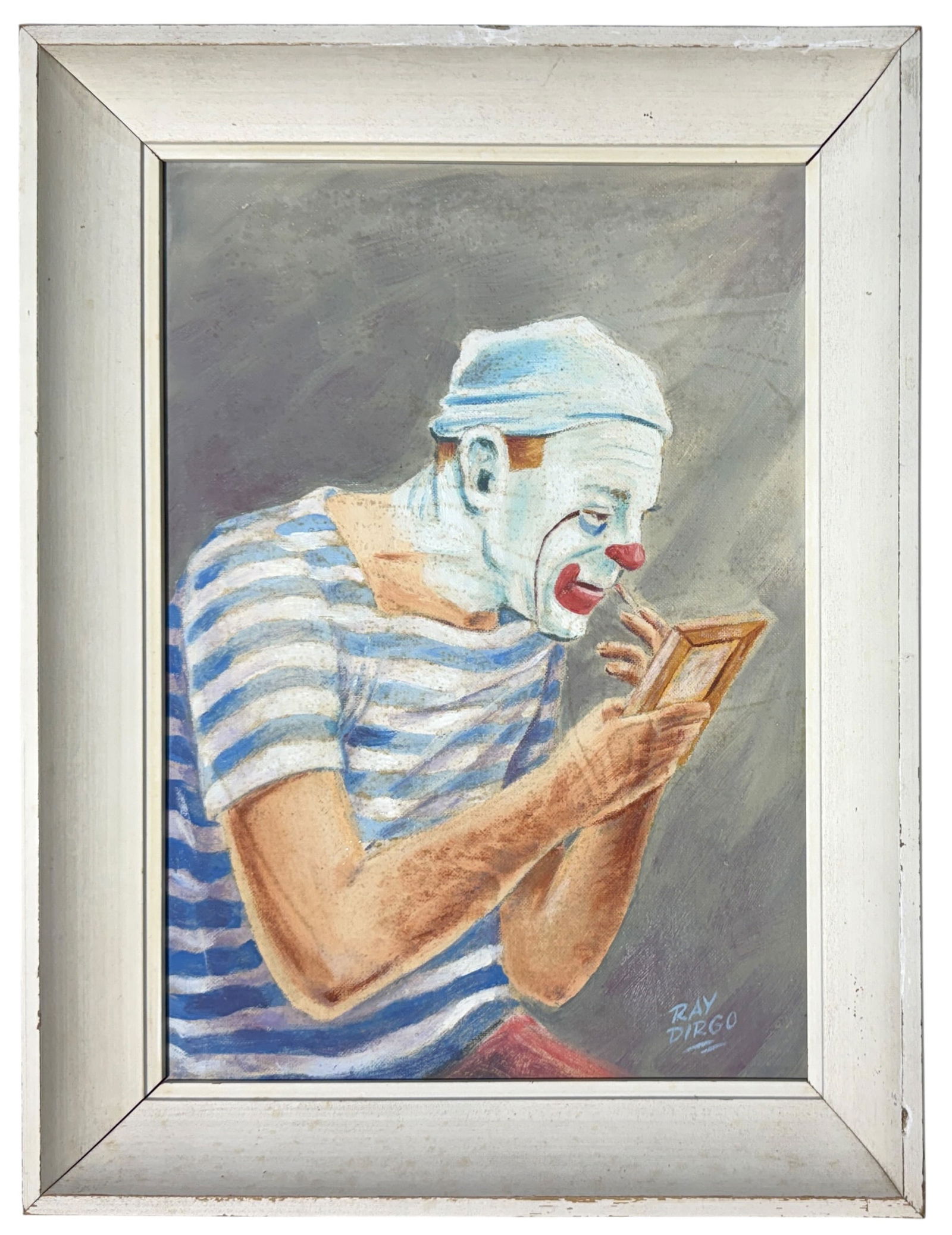 RAY DIRGO CIRCUS CLOWN PAINTING: ORIGINAL ART WORK BY RAY DIRGO (AMERICAN, 1908-2000) WAS AN ILLUSTRATOR AND ARTIST KNOW PRIMARILY FOR HIS COMIC DESIGNS COMPLETED FOR HANNA-BARBERA (THE FLINTSTONES). THIS PIECE IS COMPOSED ON BOARD,