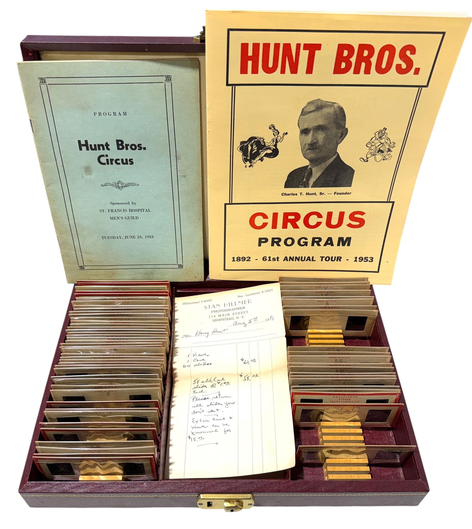1953 HUNT BROS. CIRCUS MEMORABILIA: THE HUNT BROS. CIRCUS WAS ONE OF AMERICA'S OLDEST RUNNING CIRCUSES BEGINNING IN 1892. INCLUDES PROGRAM, PHOTO SLIDES WITH BOX PREPARED FOR SHOW OWNER, HARRY T. HUNT, BY STAN HILLMER, N.Y.