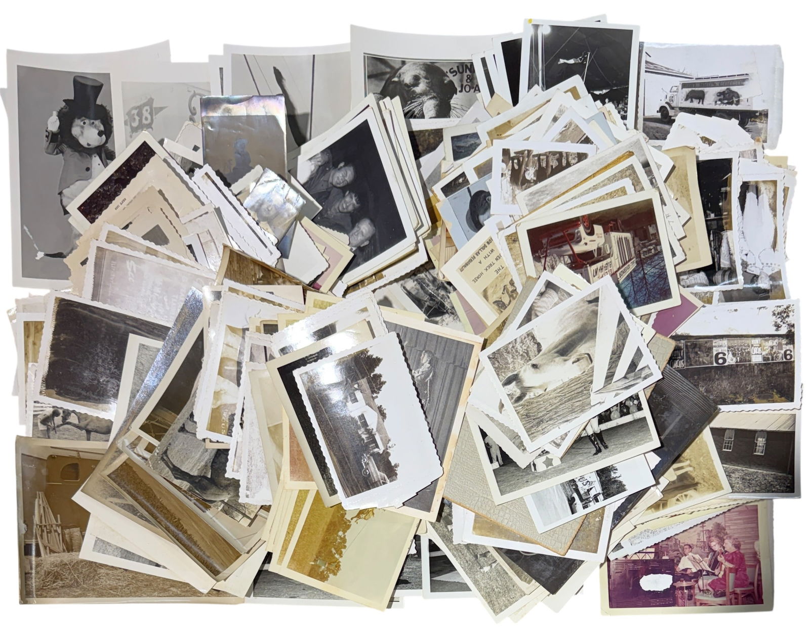 HUNT BROS. CIRCUS PHOTOGRAPH ARCHIVE: THE HUNT BROS. CIRCUS WAS ONE OF AMERICA'S OLDEST RUNNING CIRCUSES BEGINNING IN 1892. SNAPSHOT SIZED PHOTOGRAPH ARCHIVE COVING THE SHOW, 1930'S-1970'S.