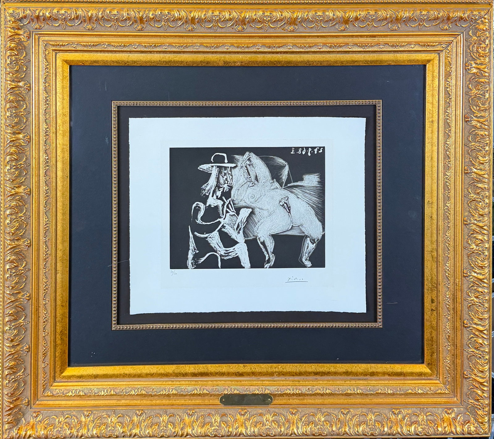 PABLO PICASSO AQUATINT - 347 SERIES: PABLO PICASSO (SPANISH, 1881-1973) ORIGINAL AQUATINT AND DRYPOINT ON WOVEN PAPER. PART OF THE 347 SERIES PRODUCED IN 1968 AND TITLED: CAPEAU DESSINANT A COTE D'UNE FEMME OFFERTE (MAN IN A HAT DRAWING