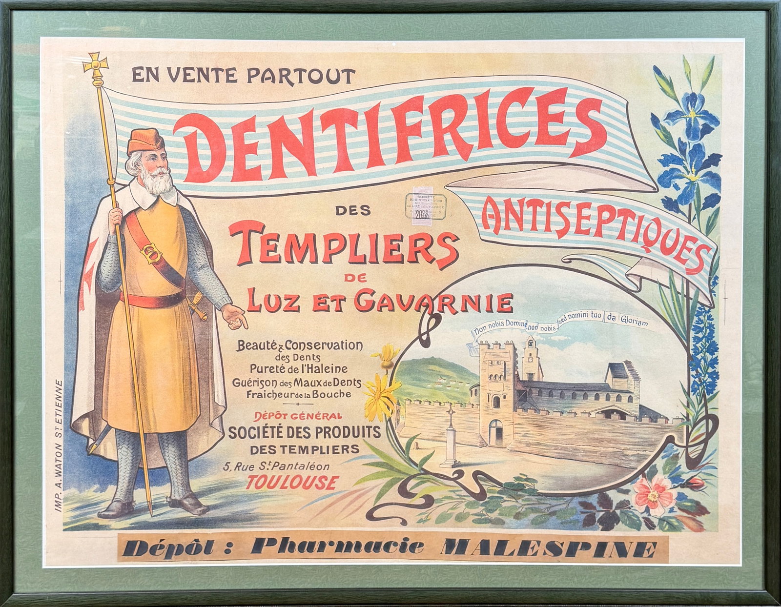 1920'S FRENCH PHARMACY POSTER: LITHOGRAPH ADVERTISING POSTER FOR FRENCH PHARMACY, DENTAL PRODUCTS. A. WATON, PRINTER. FRAMED. HAS NOT BEEN EXAMINED OUTSIDE OF FRAME. 32"X41"